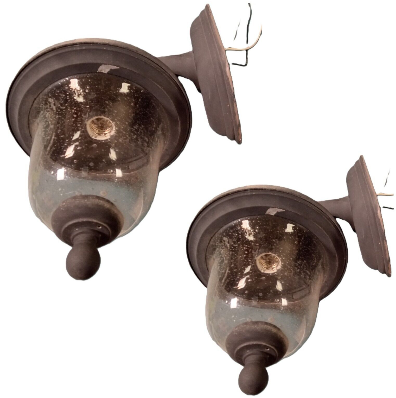 PAIR of Wall Lanterns Seeded Glass Vintage Light Fixtures Porch Lighting Outdoor
