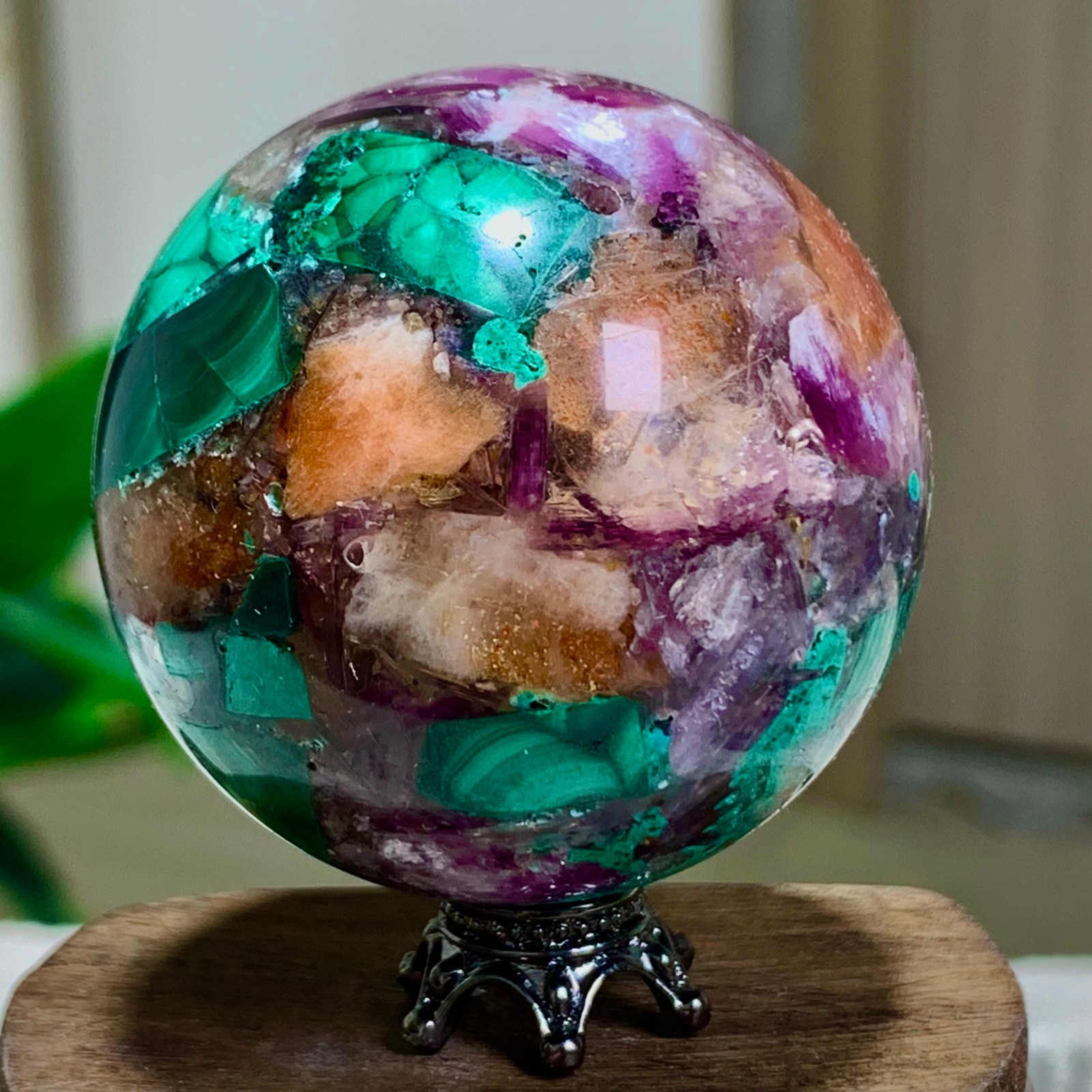 117G Newly discovered rare malachite purple mica symbiotic sphere restoration