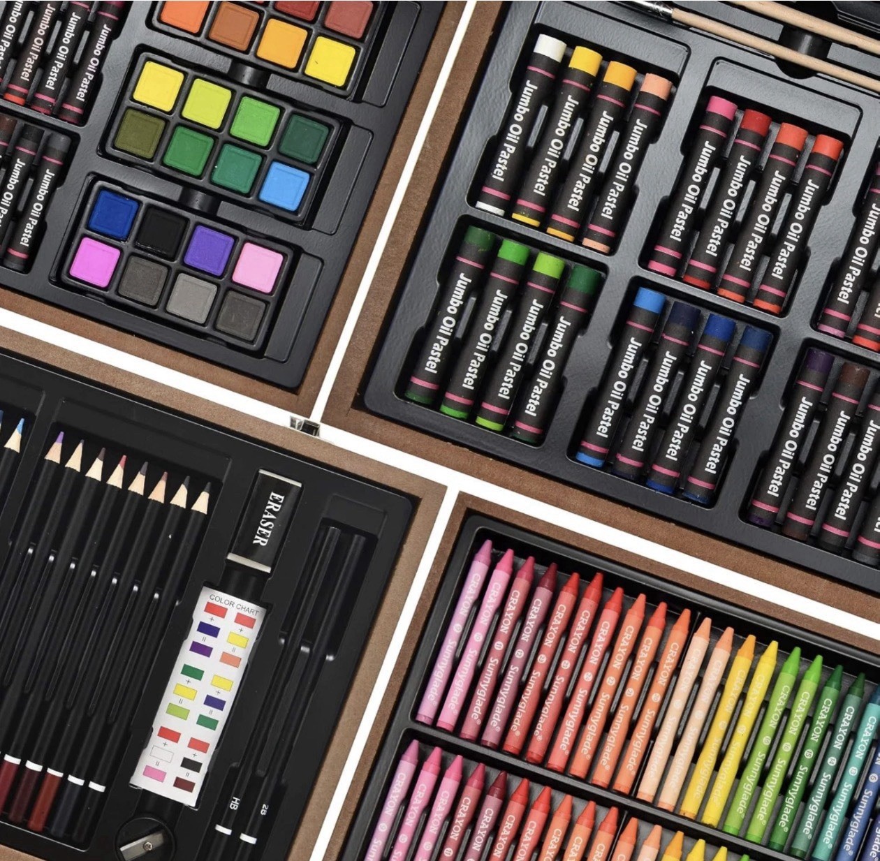 145 Piece Deluxe Art Set Wooden Art Box & Drawing Kit with Crayons Oil Pastels..