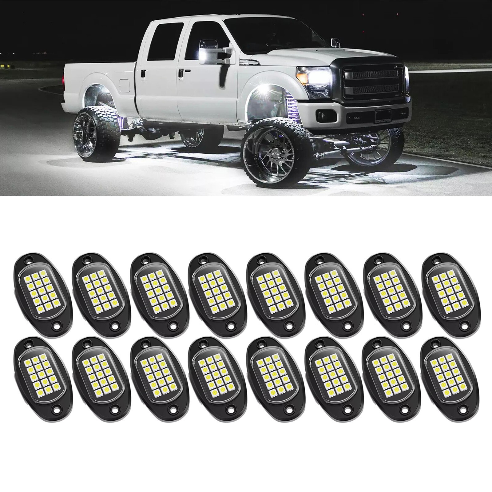 16x Pure White LED Rock Lights Underbody Glow Lamp for Offroad SUV Pickup Truck