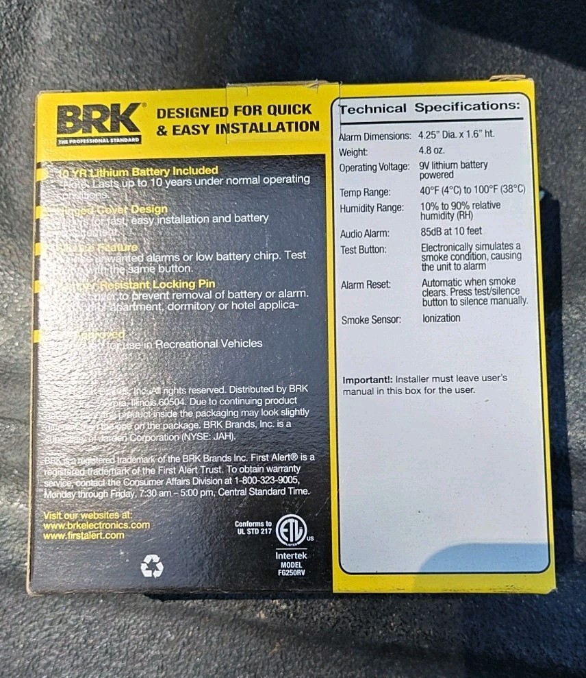 BRK - FG250LB - Smoke Alarm - Battery Operated RV Approved Date 2021