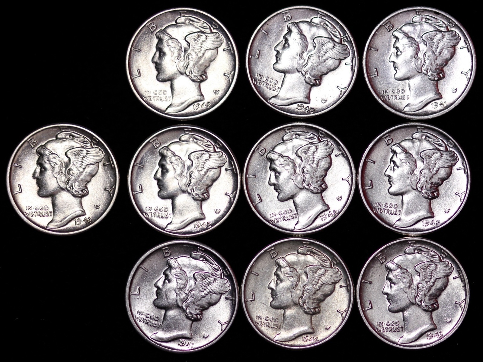 Lot of 5 Coins AU / UNC Mercury Silver Dimes Some D and S Mint FREE SHIPPING