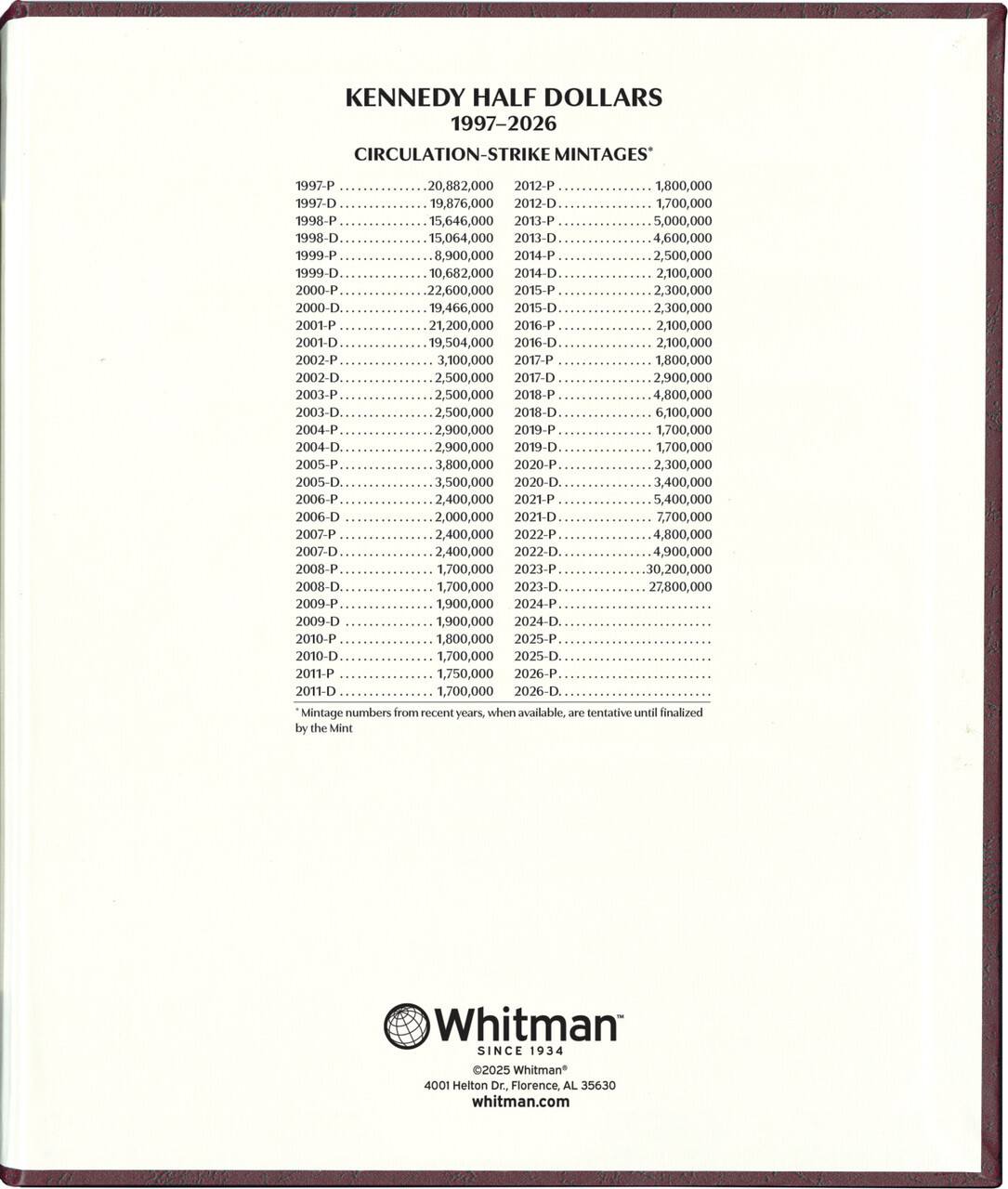 Whitman Prestige™ Album-Kennedy Half Dollars: 1997-2026 Date & Mintmark Set(Bur)