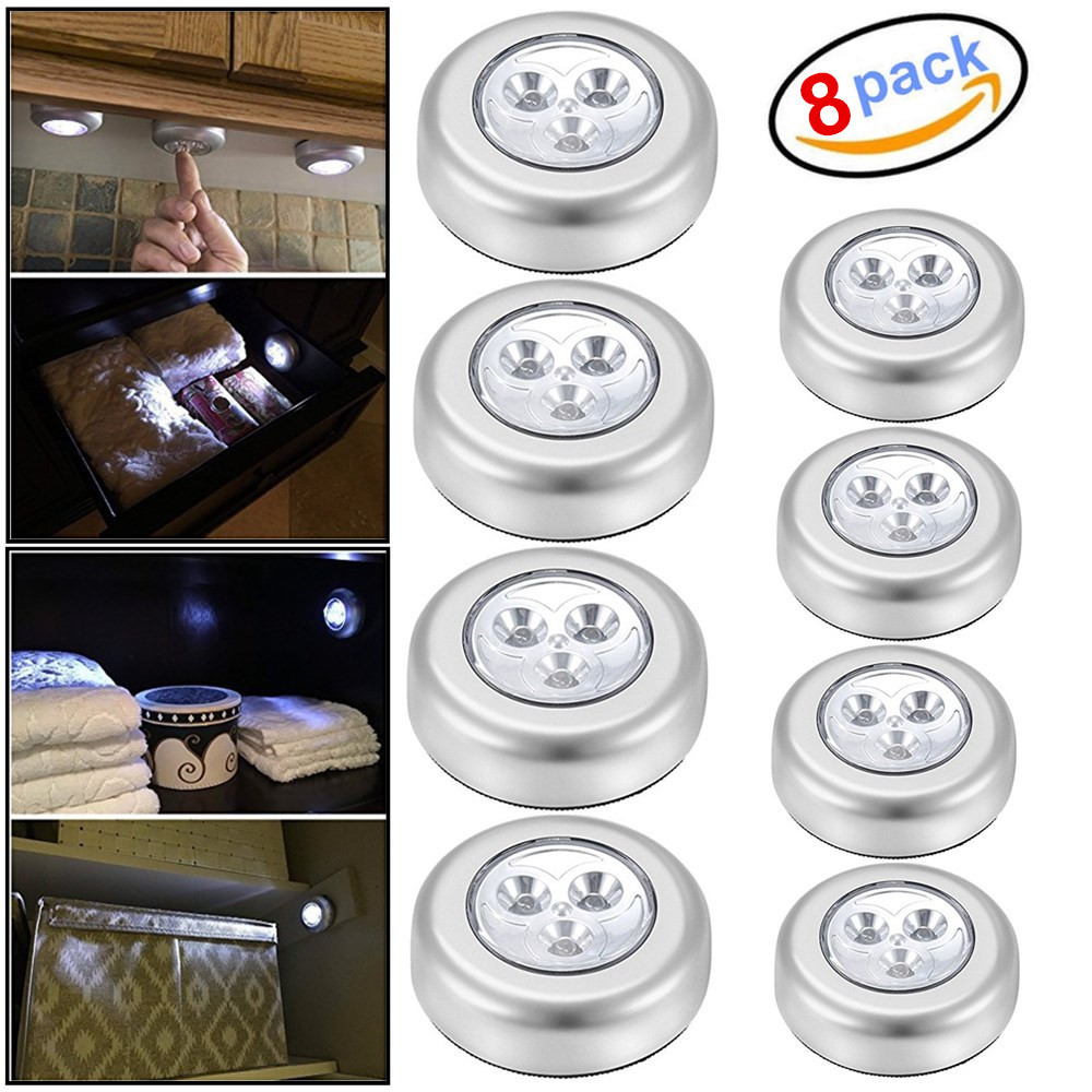 8 PCS 3 LED Touch Push On/Off Light Self-Stick On Click Battery Operated Lights