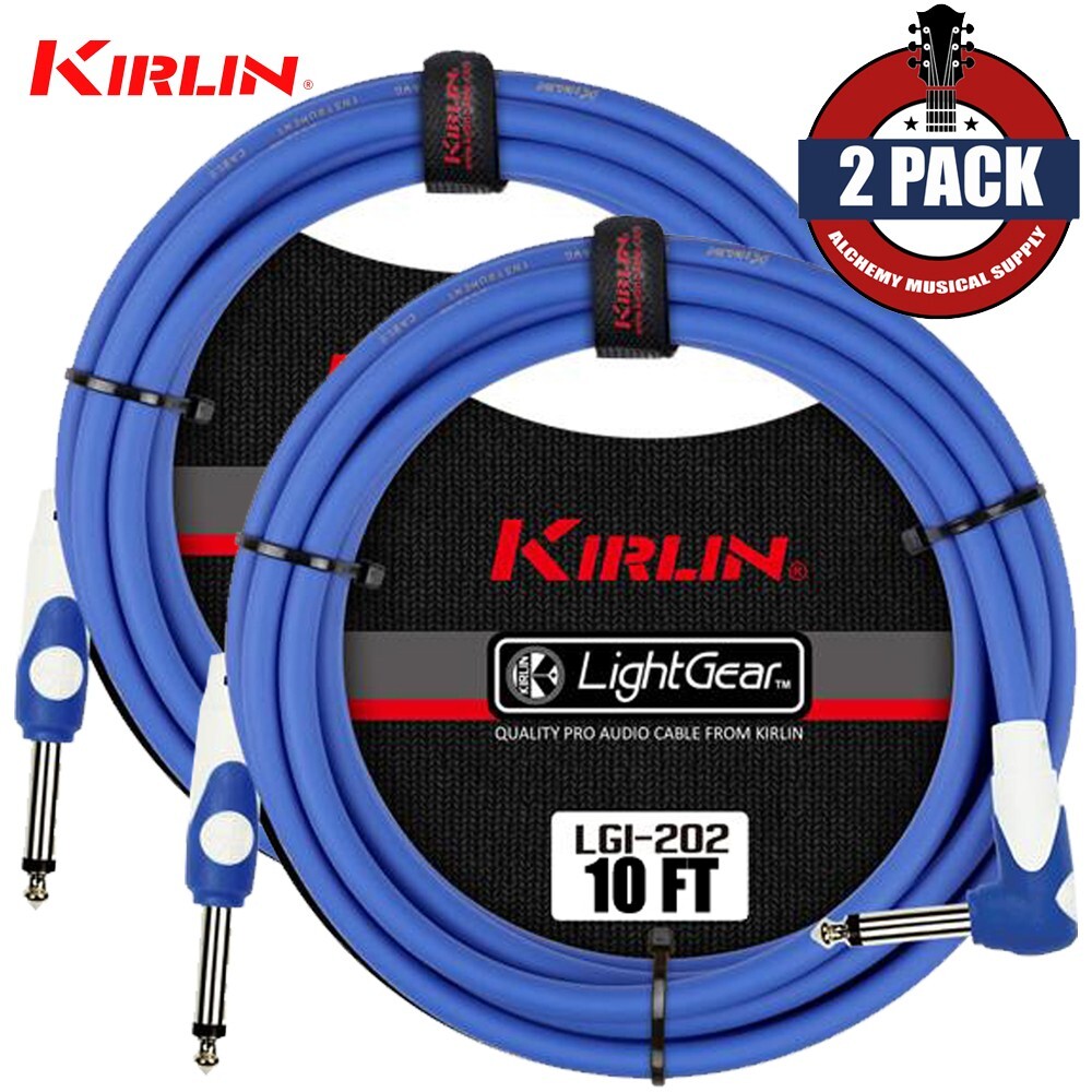 2-PACK Kirlin 10FT 1/4" Straight to Right Angle Instrument Guitar Cable Blue