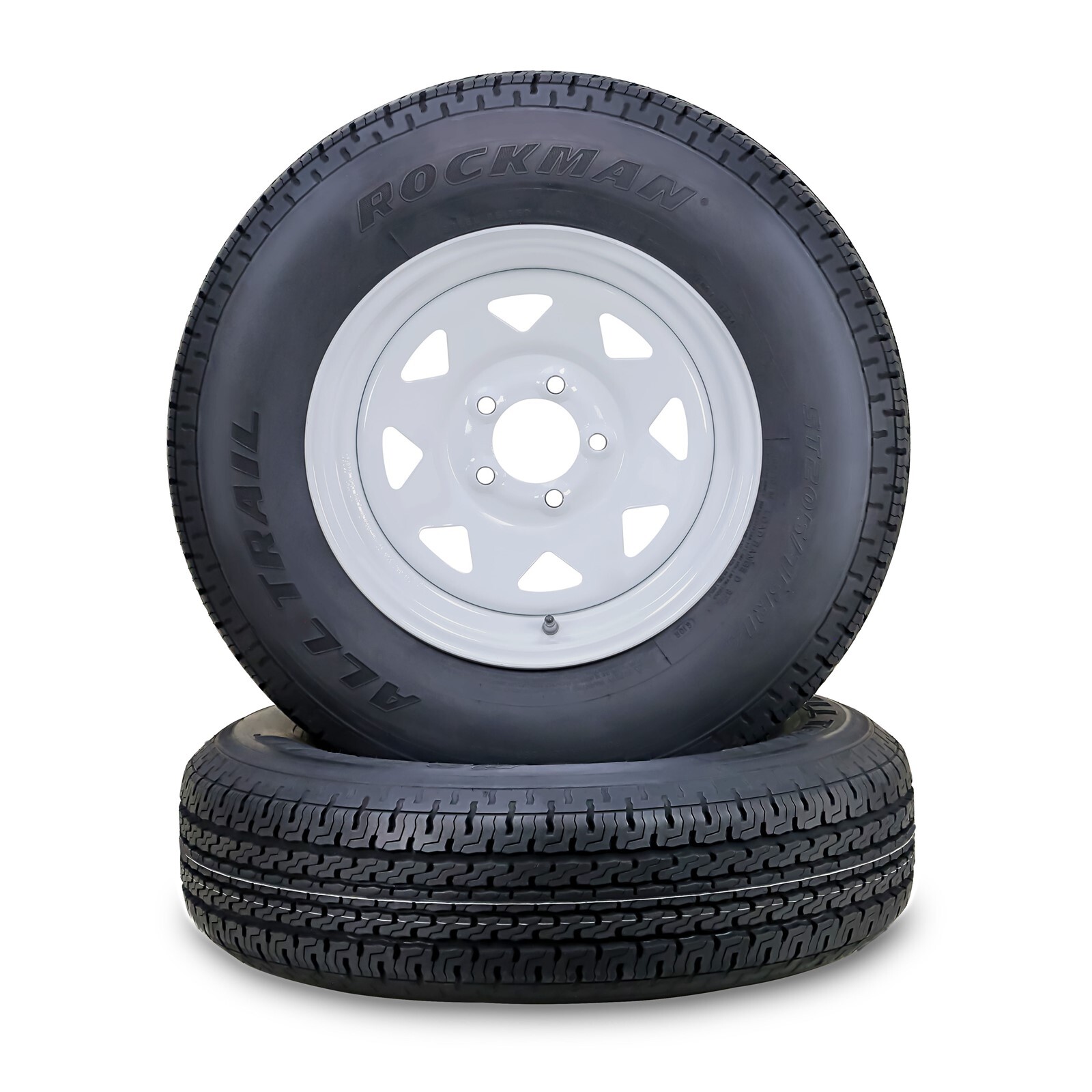 2 ROCKMAN Trailer Tire Assembly ST205/75R14 8-Ply White Spoke Rim 5 Lug on 4.5"