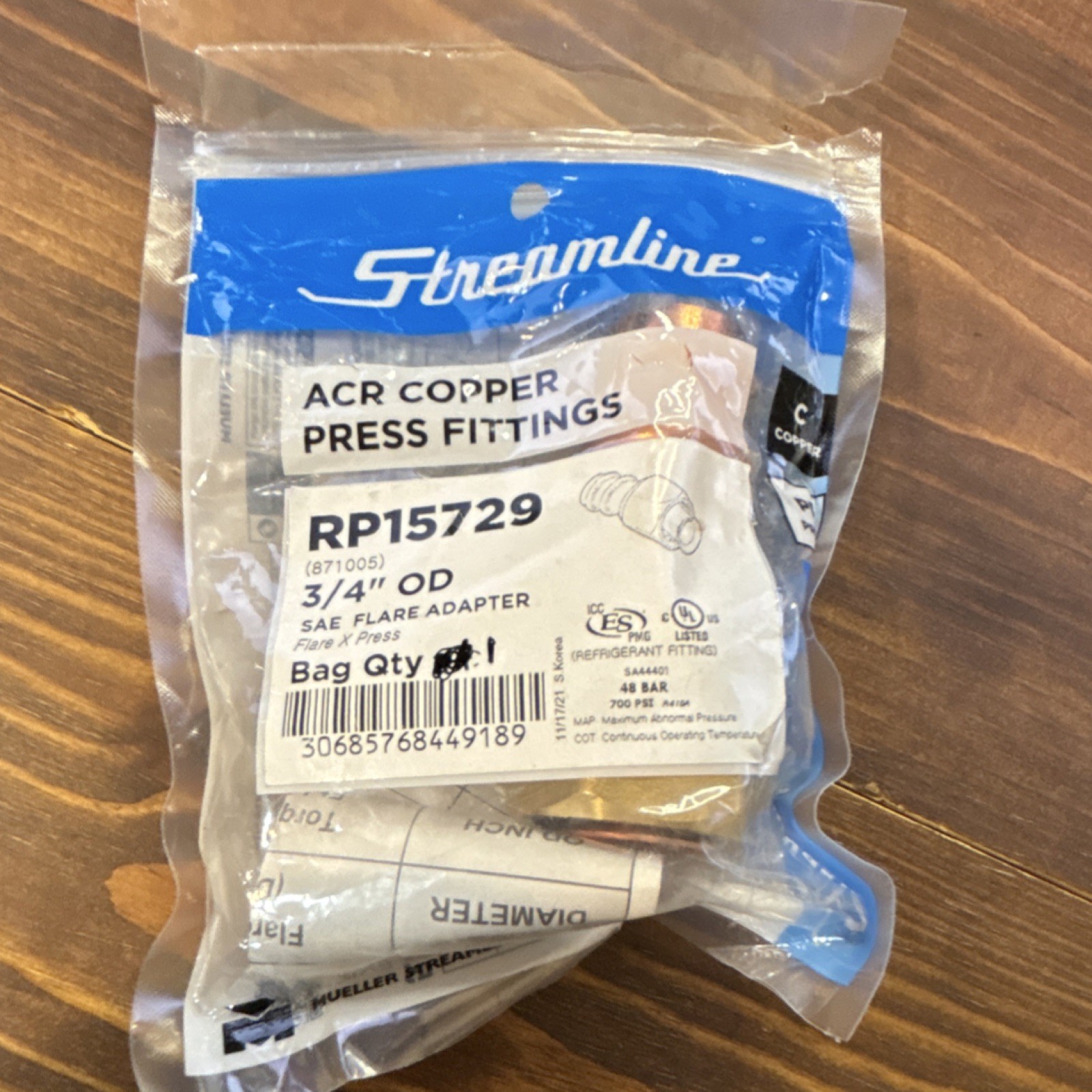 Streamline ACR Copper Press Fittings SAE Flare Adapter 3/4" OD RP15729 (1 pc)