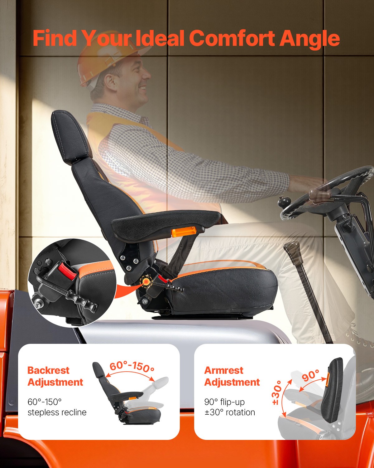 VEVOR Forklift Seat Mower Tractor Seat Adjustable Back Seatbelt & Headrest