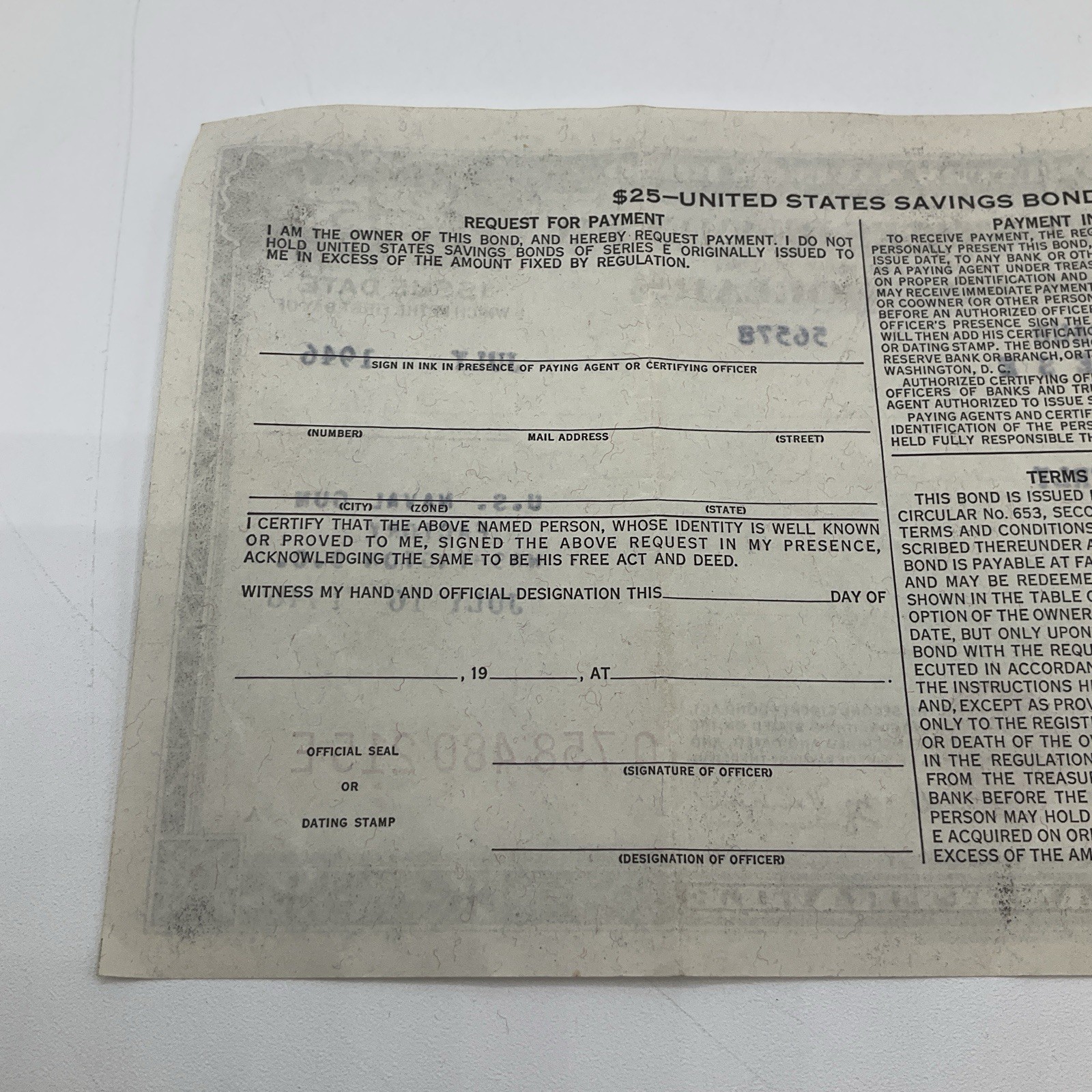 July 16th, 1946 Series E $25 United States Savings Bond US Naval Gun Factory DC