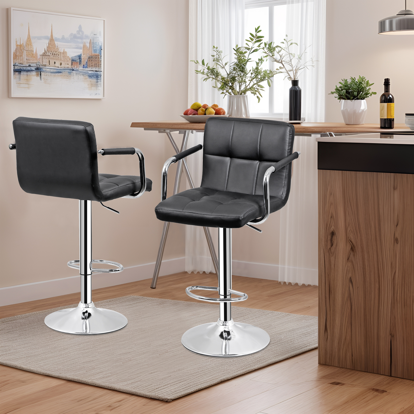 Modern PU Leather Bar Stools Set of 2 Adjustable Swivel Barstools w/ Back & Arms