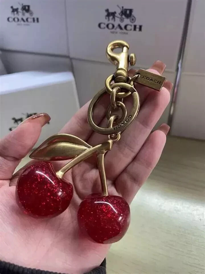Cherry Bag Charm KeyChainCoachGlitter Resin Metal Brass Red Apple Gifts NIB
