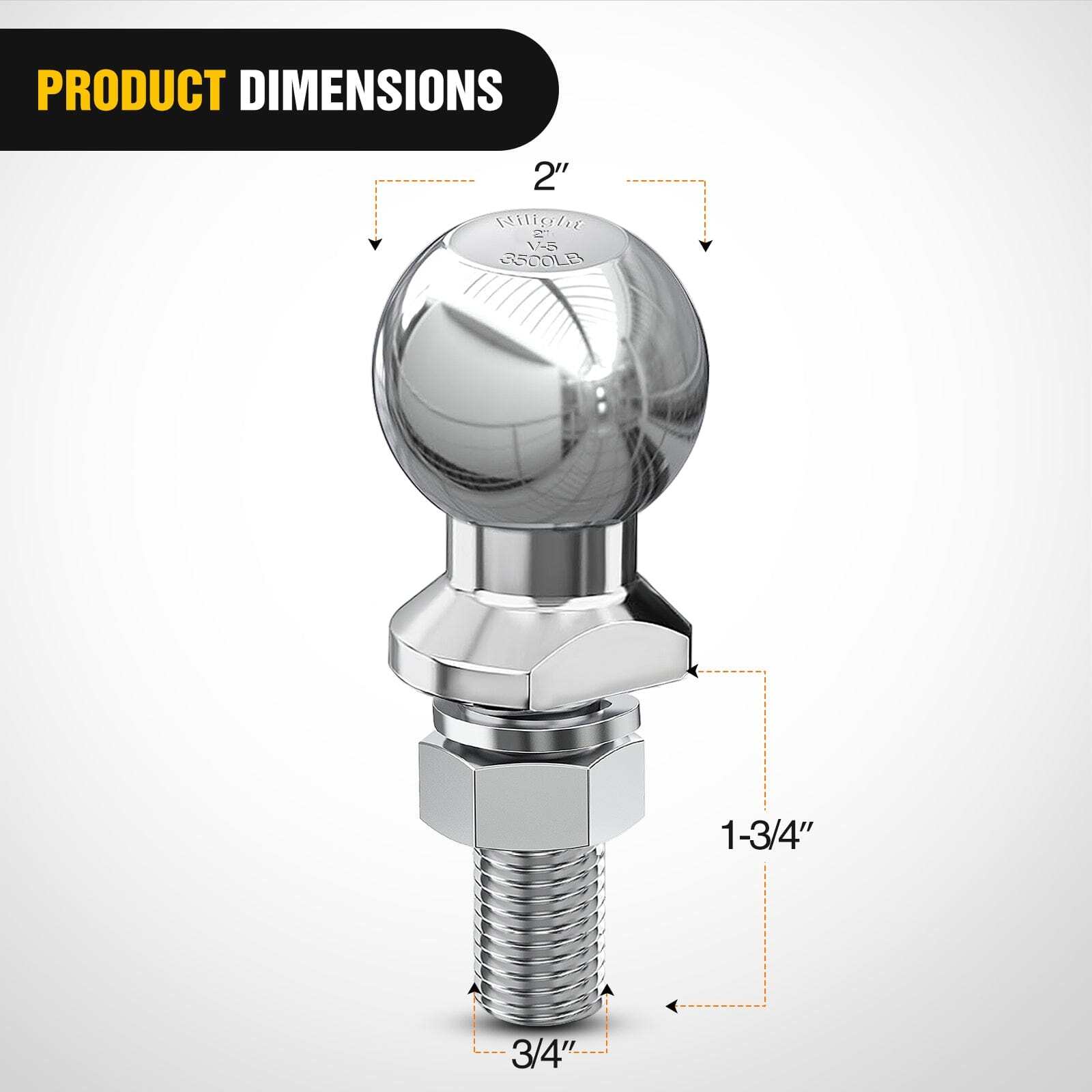 Nilight 2 Inch Diameter Chrome Trailer Hitch Ball, New