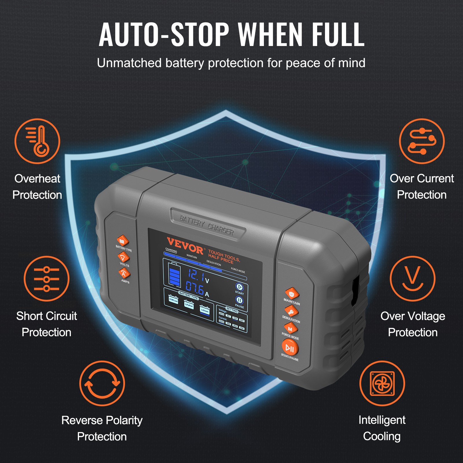 VEVOR Smart Battery Charger 35A Lithium LiFePO4 Lead-Acid Car Battery Charger