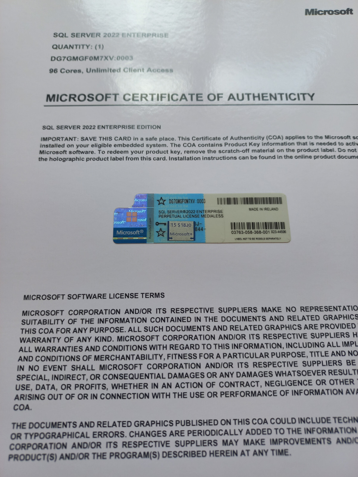 Microsoft SQL Server 2022 Enterprise 96 Core License Unlimited CALs Authentic