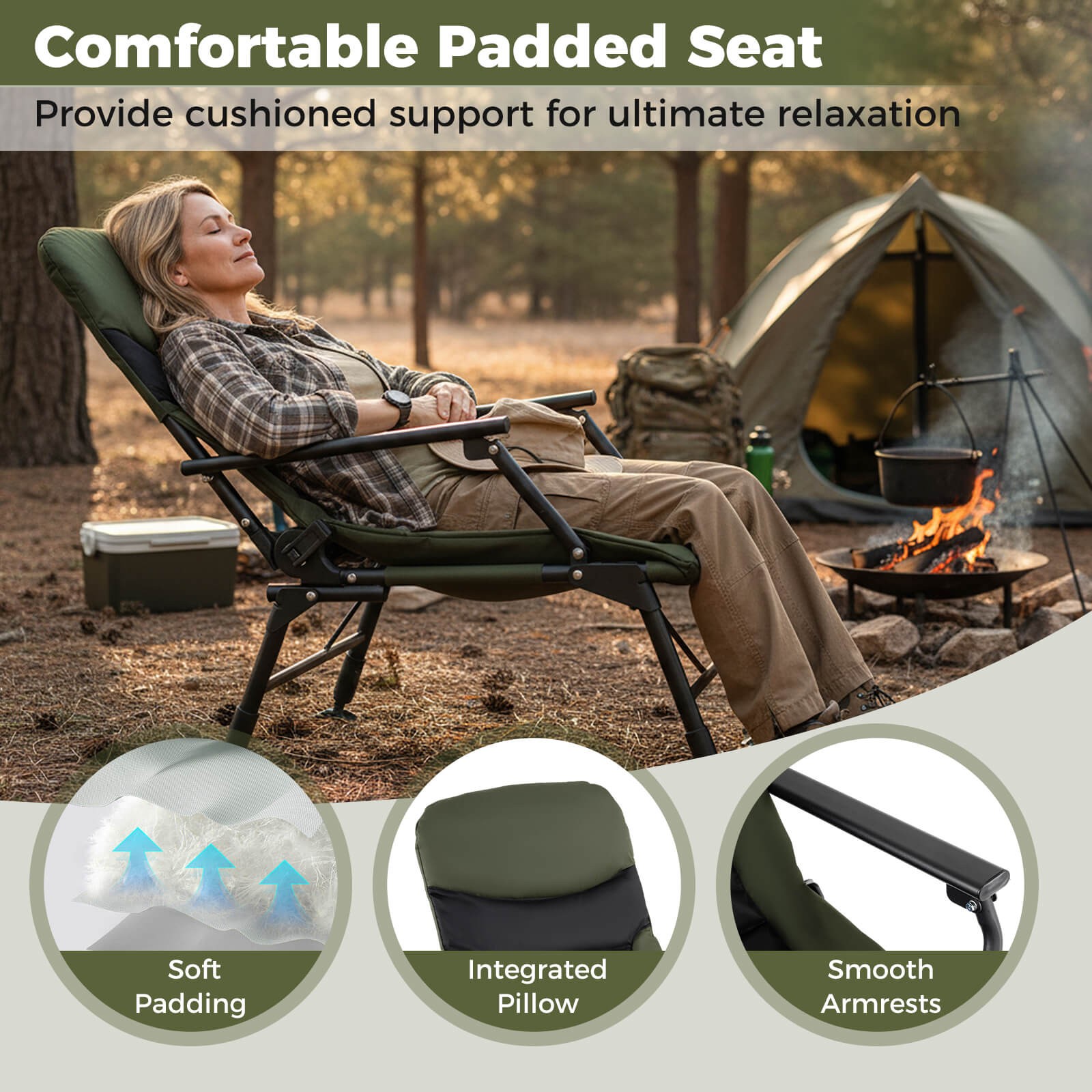 Oversized Foldable Fishing Chair Camping Chair w/ Large Adjustable Feet Armrest