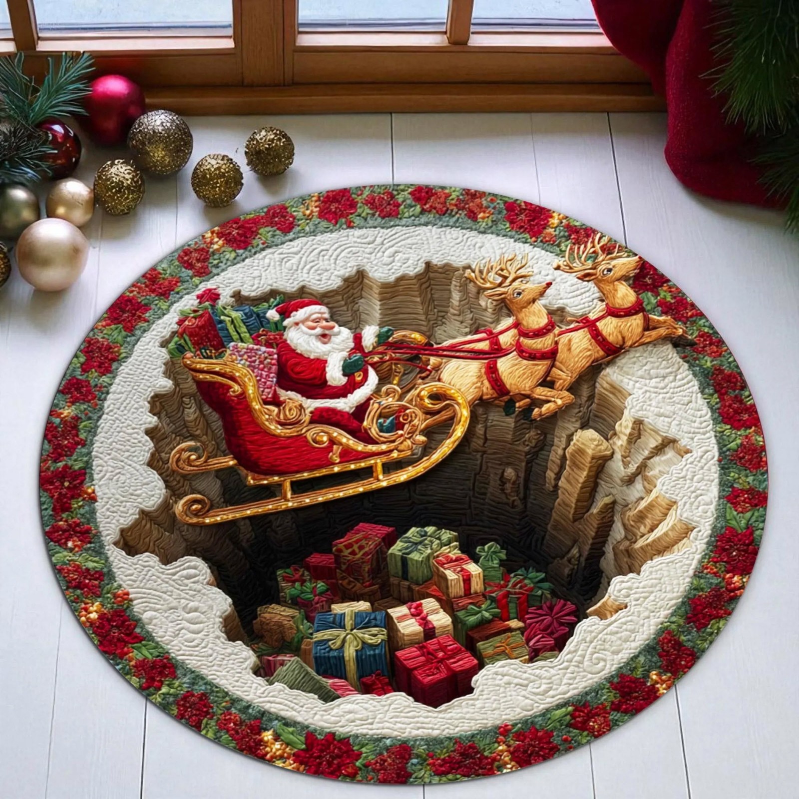 Printed Faux 3D Santa Sleigh Rug, Round Christmas Reindeer Carpet Doormat