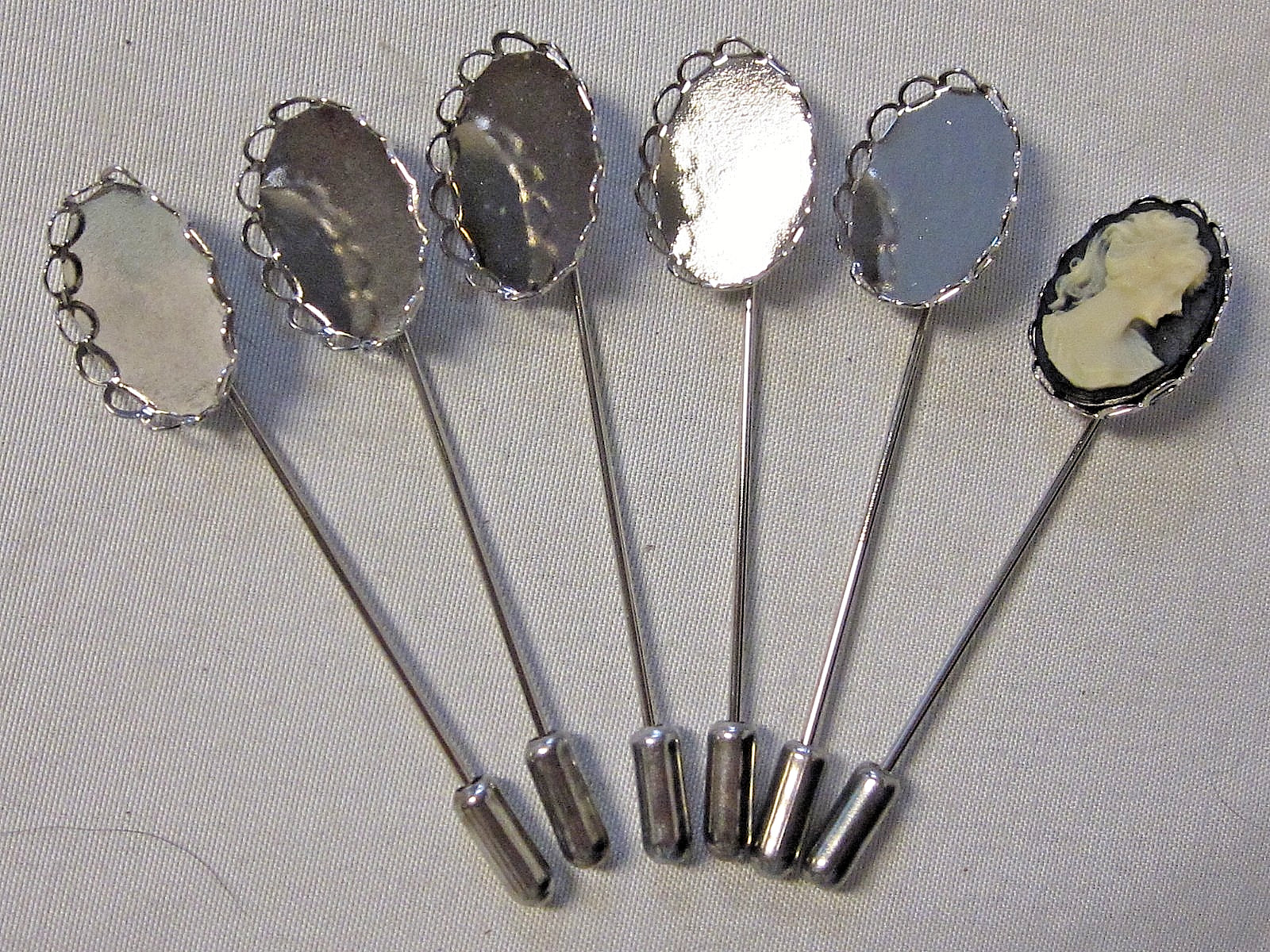 6 Bezel Stick Pins RHODIUM SILVER Plated 13X18mm Oval Cameo Settings w/ Clutches
