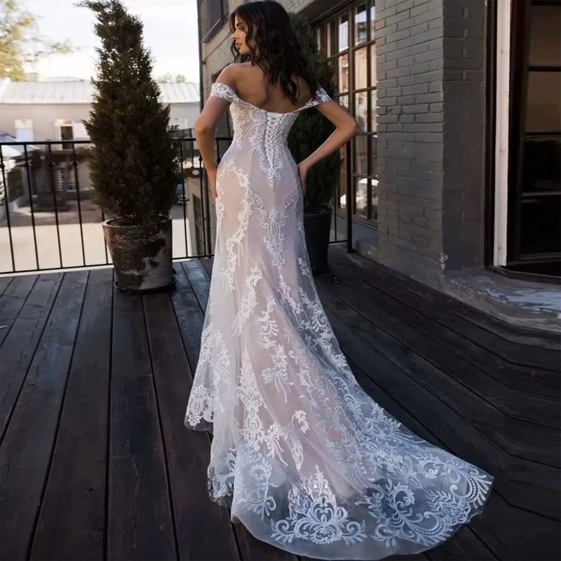 Sexy Mermaid Wedding Dress Off the Shoulder Sleeveless Applique Lace Bride Gown