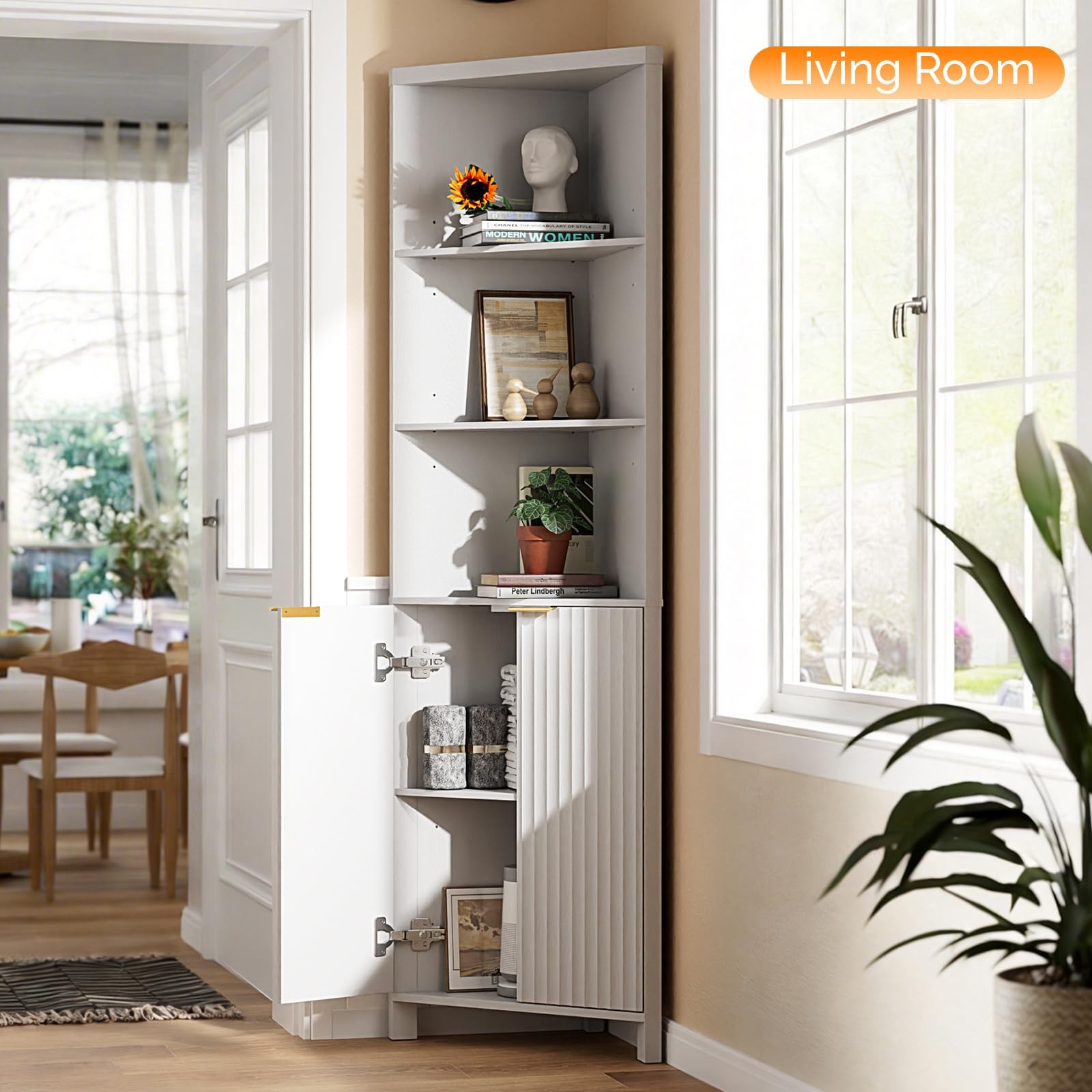 Tall Corner Cabinet with Fluted Doors, 68" White Corner Storage Cabinet