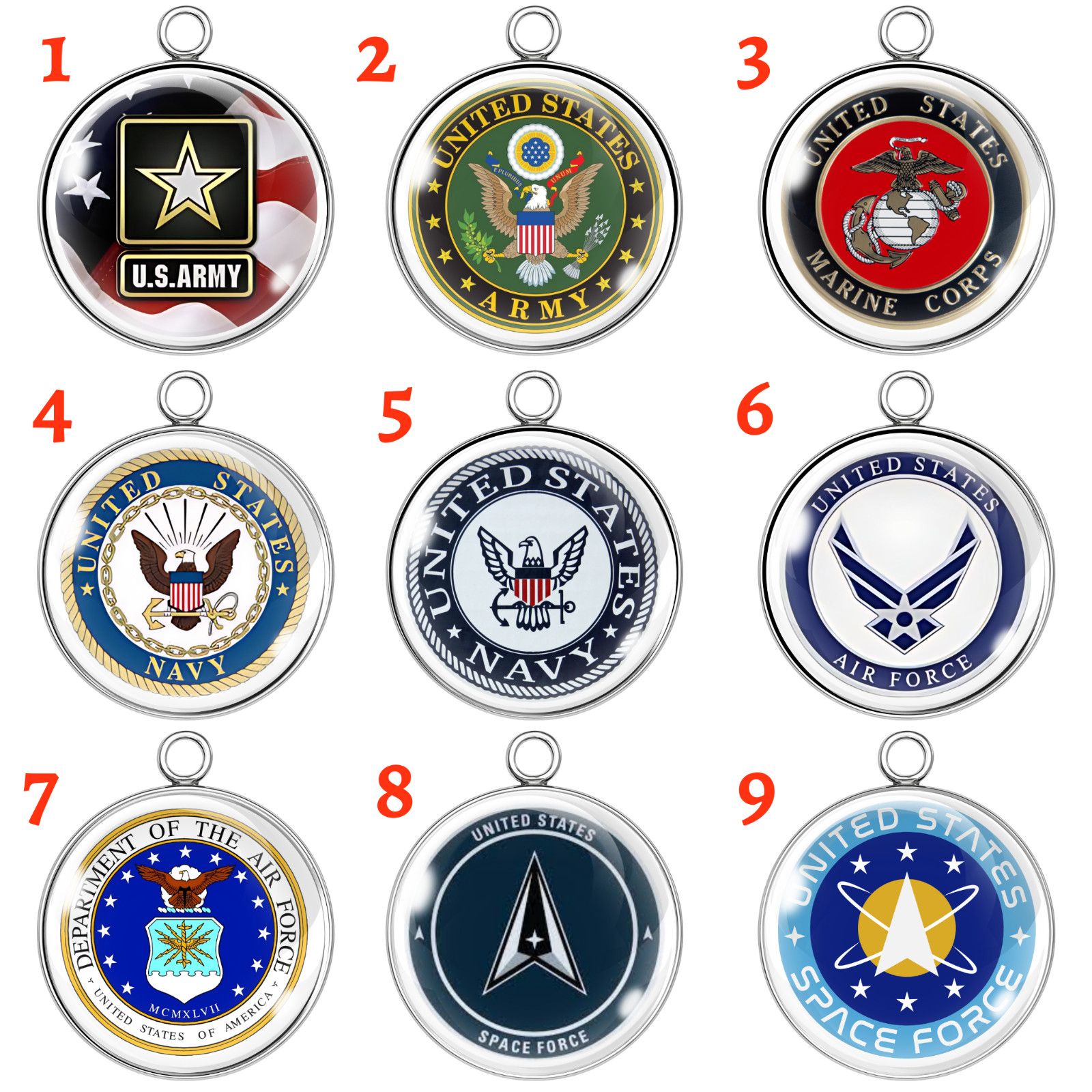 Military Logo Charms. Army, Navy, Air Force, Marines, Space Force