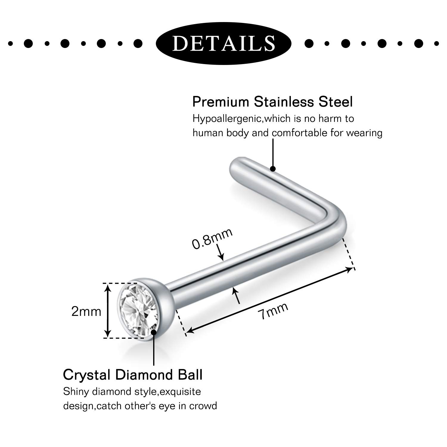 Nose Rings Studs Set Surgical Steel L Shape CZ Silver Aros Nariz Aretes Set