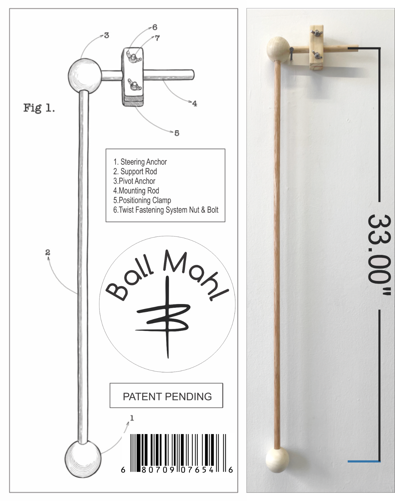 Mahl Stick-33in Ball Mahl adjustable stabilizing tool supporting artist mobility