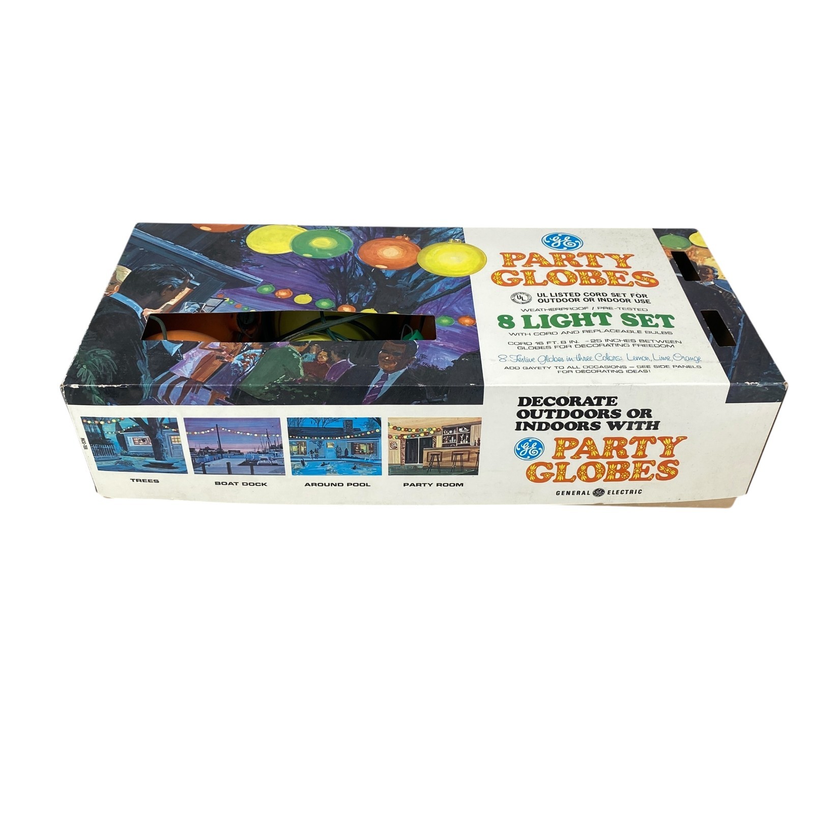 Vintage GE Party Globes 8 Light Set Indoor/Outdoor with Original Box Tested