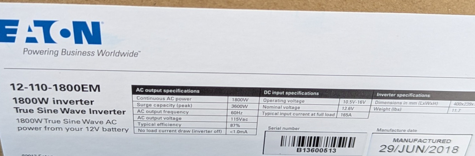 12-110-1800EM Eaton NEW True Sine Power Inverter 1800 Watt W/ Surge Protection