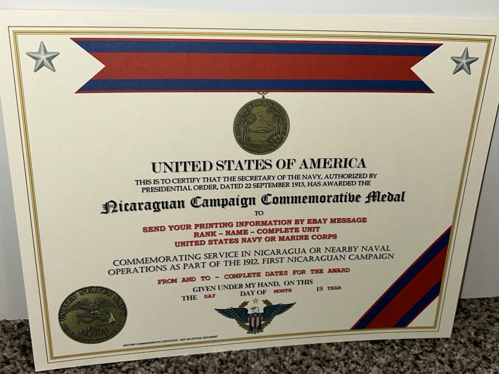 NICARAGUAN CAMPAIGN (NAVY) COMMEMORATIVE MEDAL CERTIFICATE ~ W/PRINTING TYPE-1