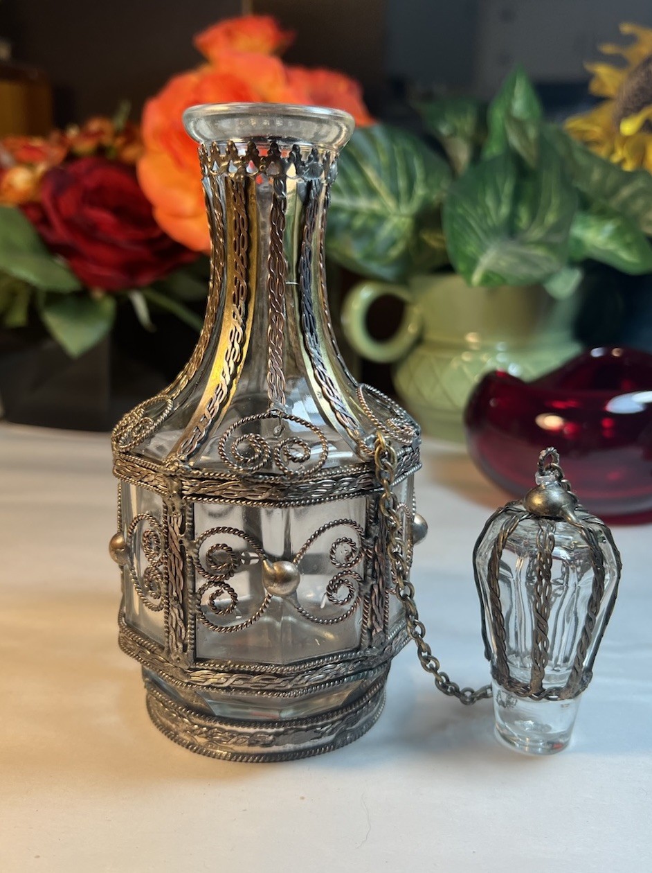VTG GLASS BOTTLE SILVER PLATED, BRASS, COPPER OVERLAY BOTTLE 1900's UNIQUE