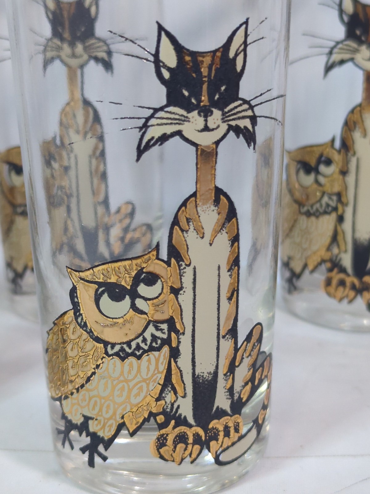 Vintage Culver 22K MCM Mid-Century Modern cat and Owl High ball glass set of 8