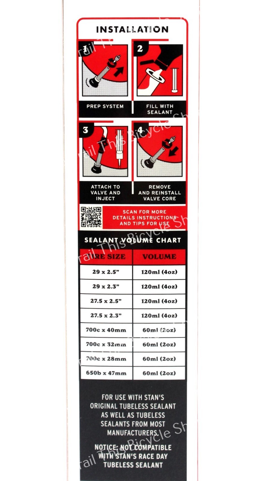 Stans No Tubes Tubeless Bike Tire Sealant Injector 5oz Syringe Presta / Schrader