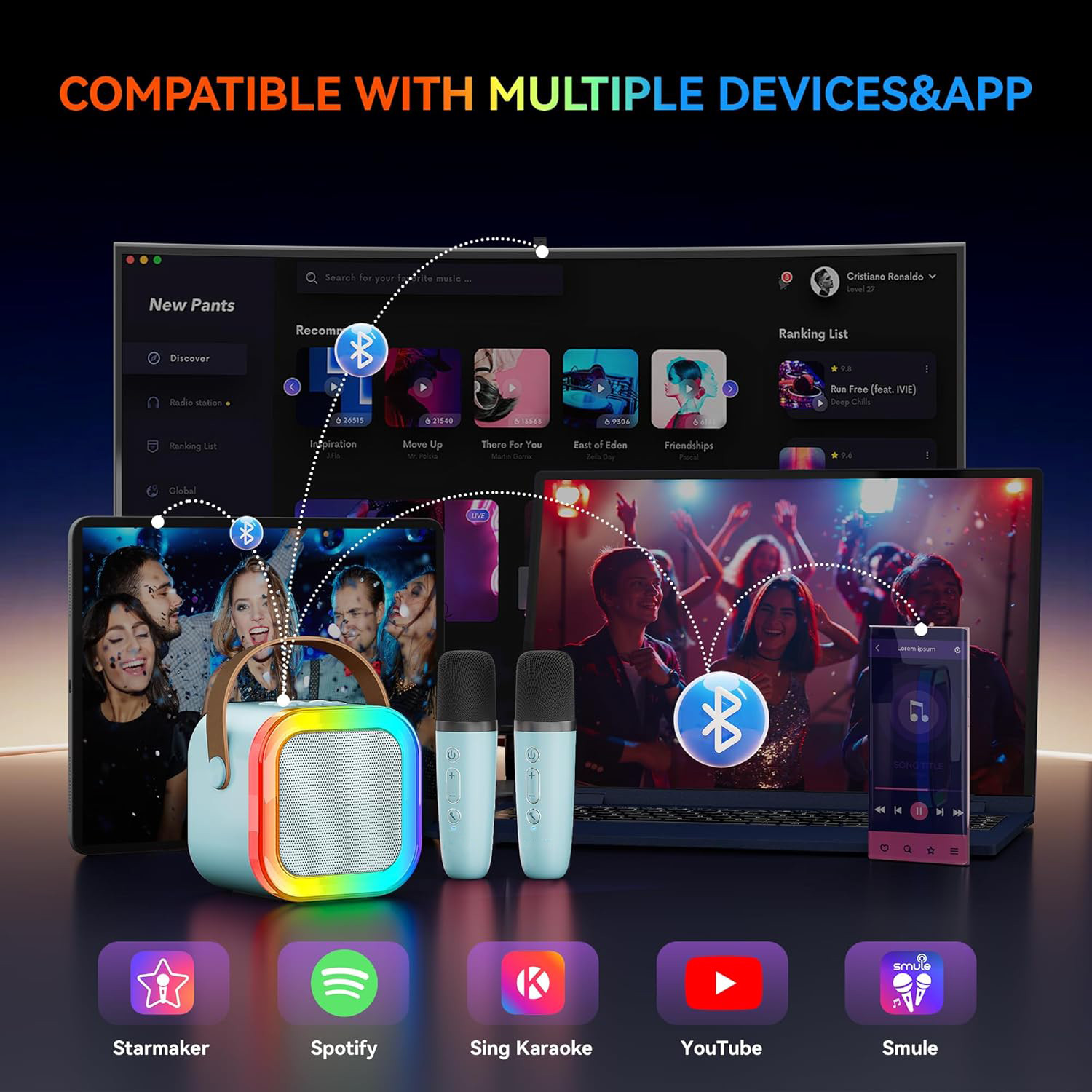 Bluetooth Karaoke Machine Portable Mini Speaker with 2 Wireless Microphones US