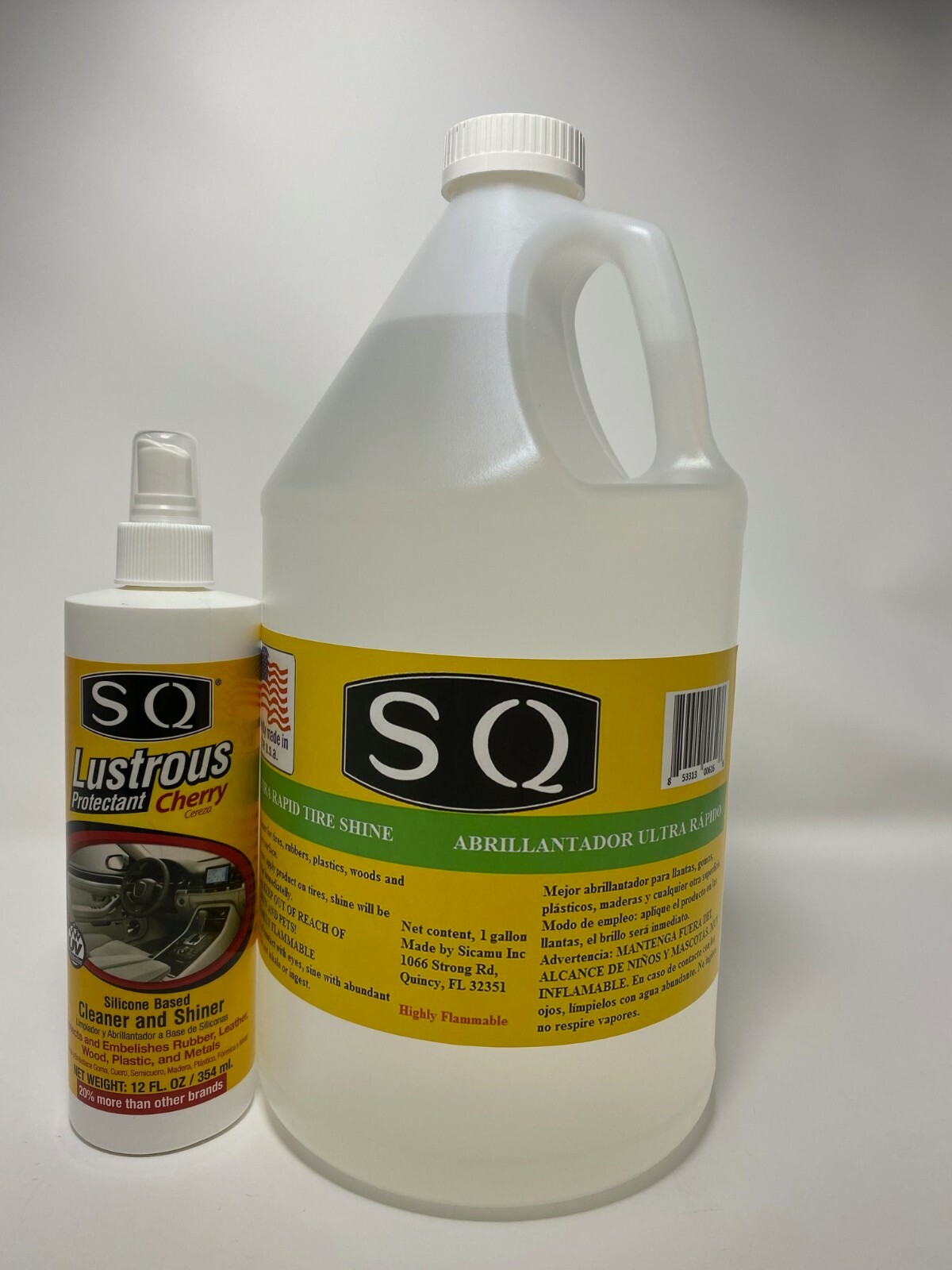Tire Shine gallon (128 Oz) and 12 Oz SQ Lustrous interior protectant and shiner