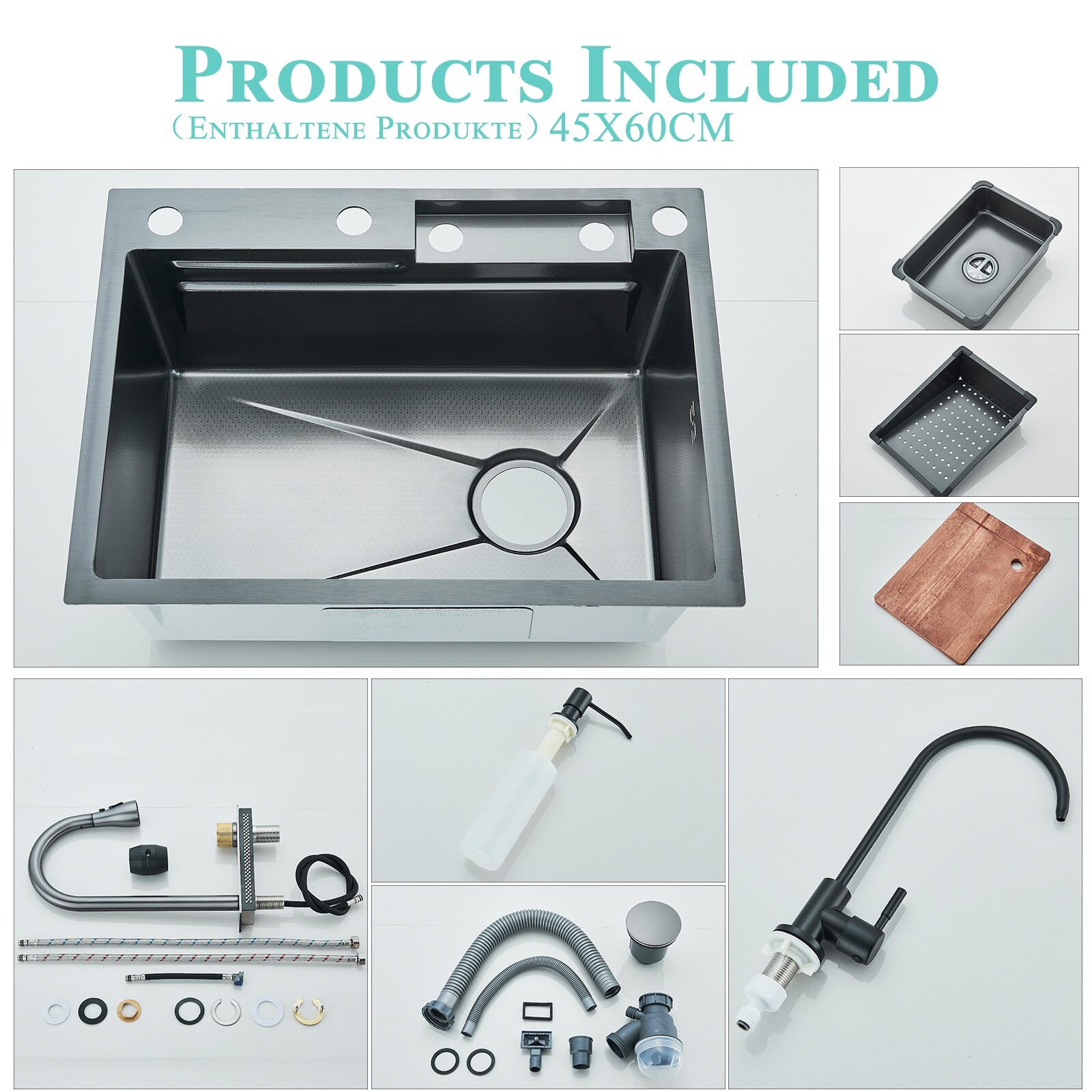 Stainless steel Kitchen Sink with Faucet 23.6 inch Large Single Bowl Top mounted