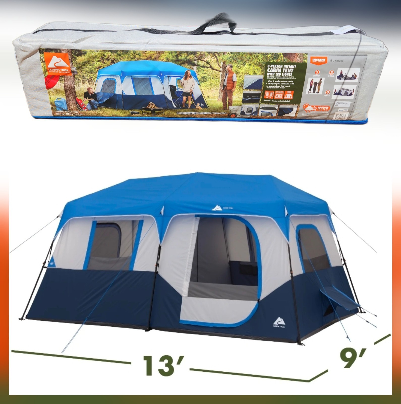 Ozark Trail 8 Person Instant Cabin Tent w/LED Lighted Poles Camping Family Tent
