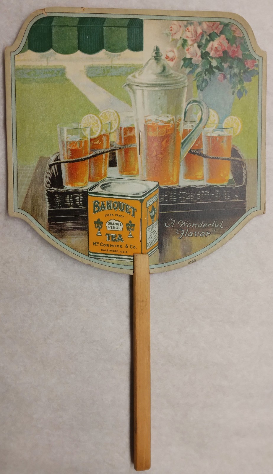 c1920Hand Held Ad Fan for Banquet Orange Pekoe Tea by McCormick