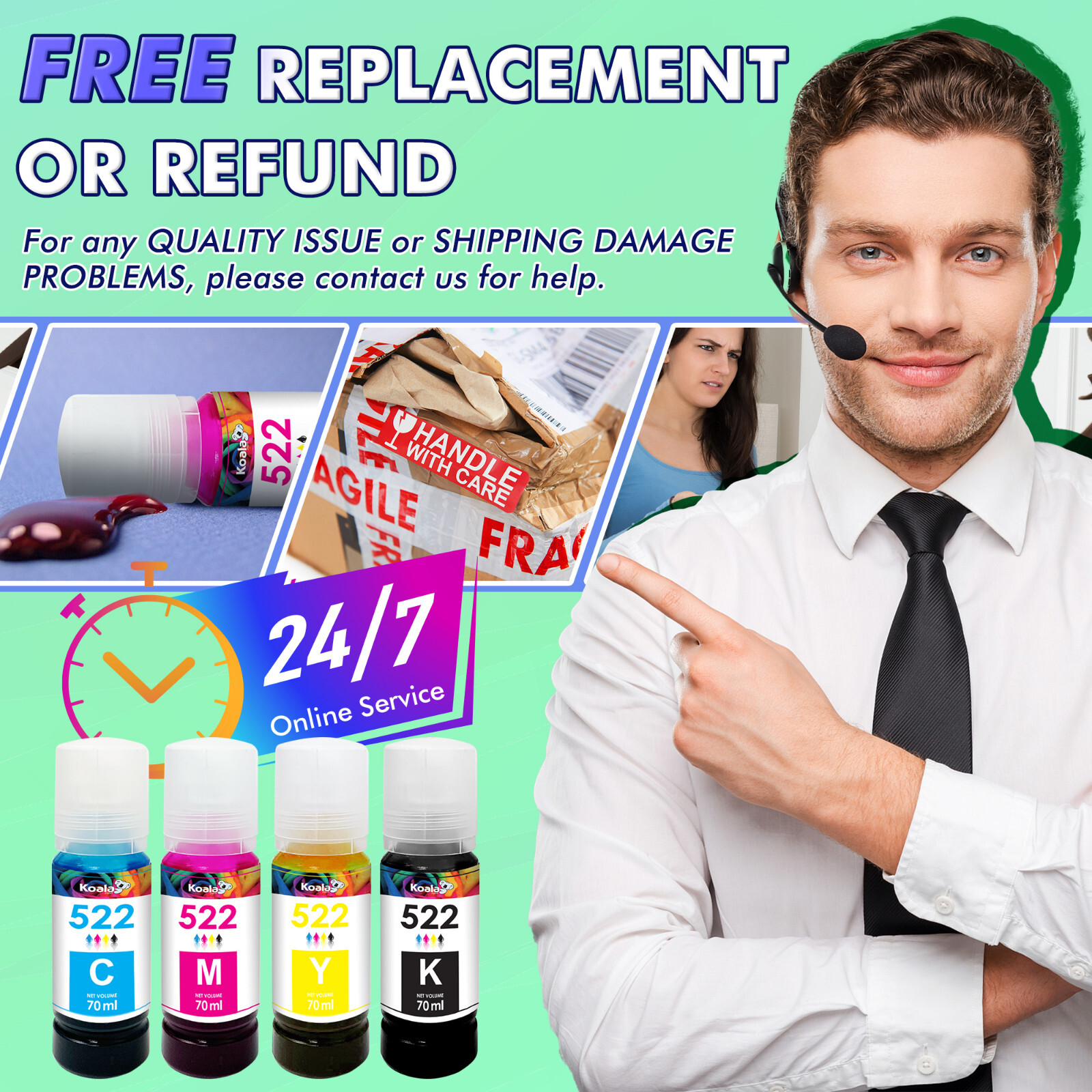 6PK Koala Ink Compatible with Epson 522 Ecotank ET-2400 4800 2800 2803 2720 4700