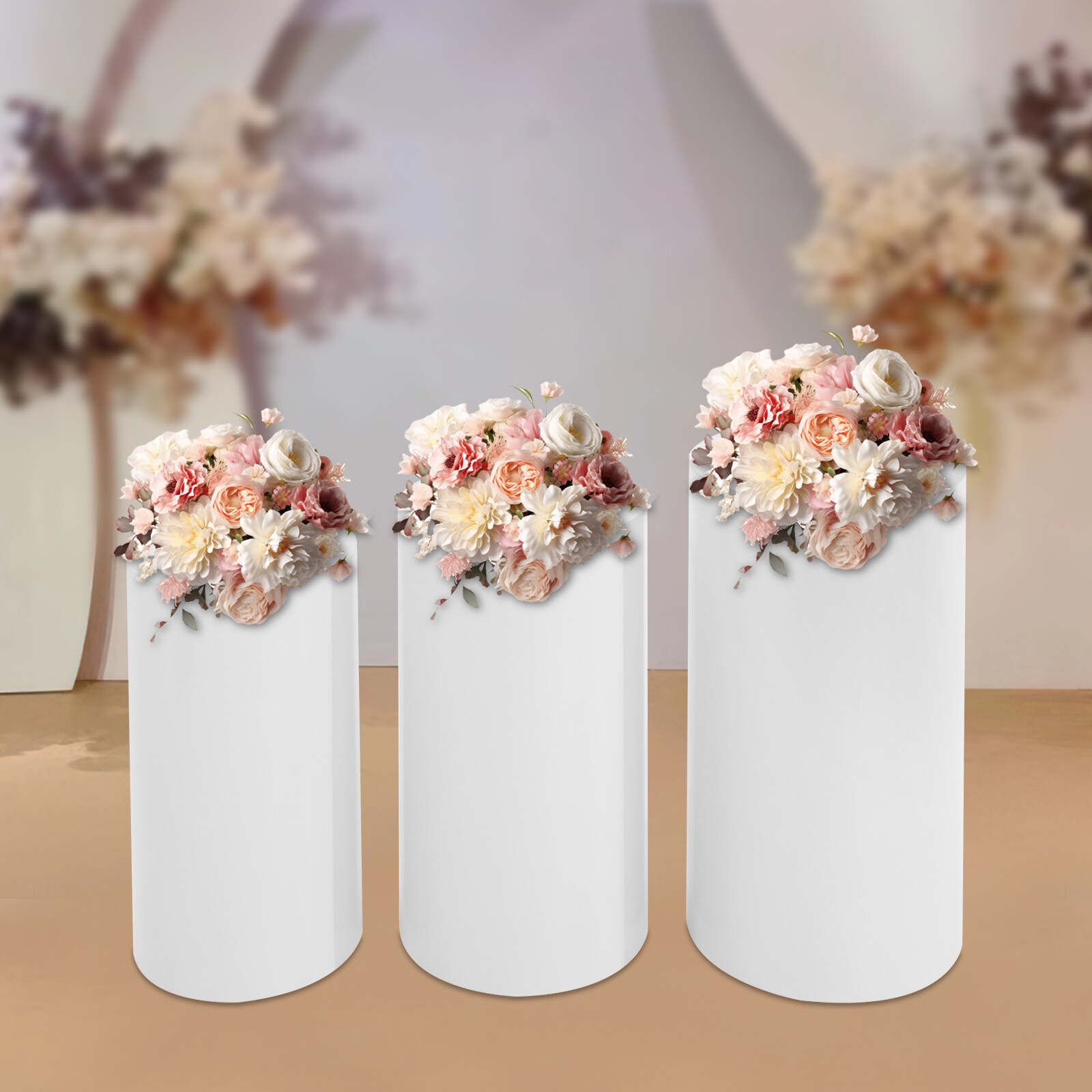 3 Pcs Round Cylinder Pedestal Stand For Wedding Party Display Stand Decor White