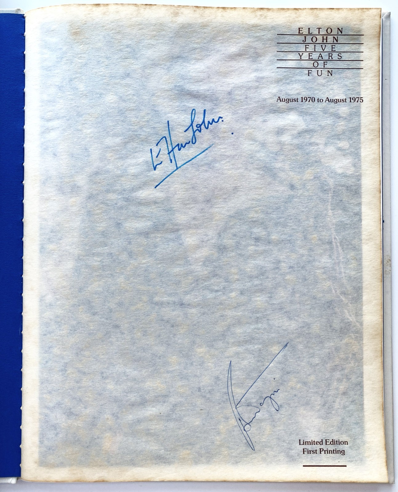 Elton John, Bernie Taupin, Signed, Five Years of Fun, 1975, +Troubadour Ticket