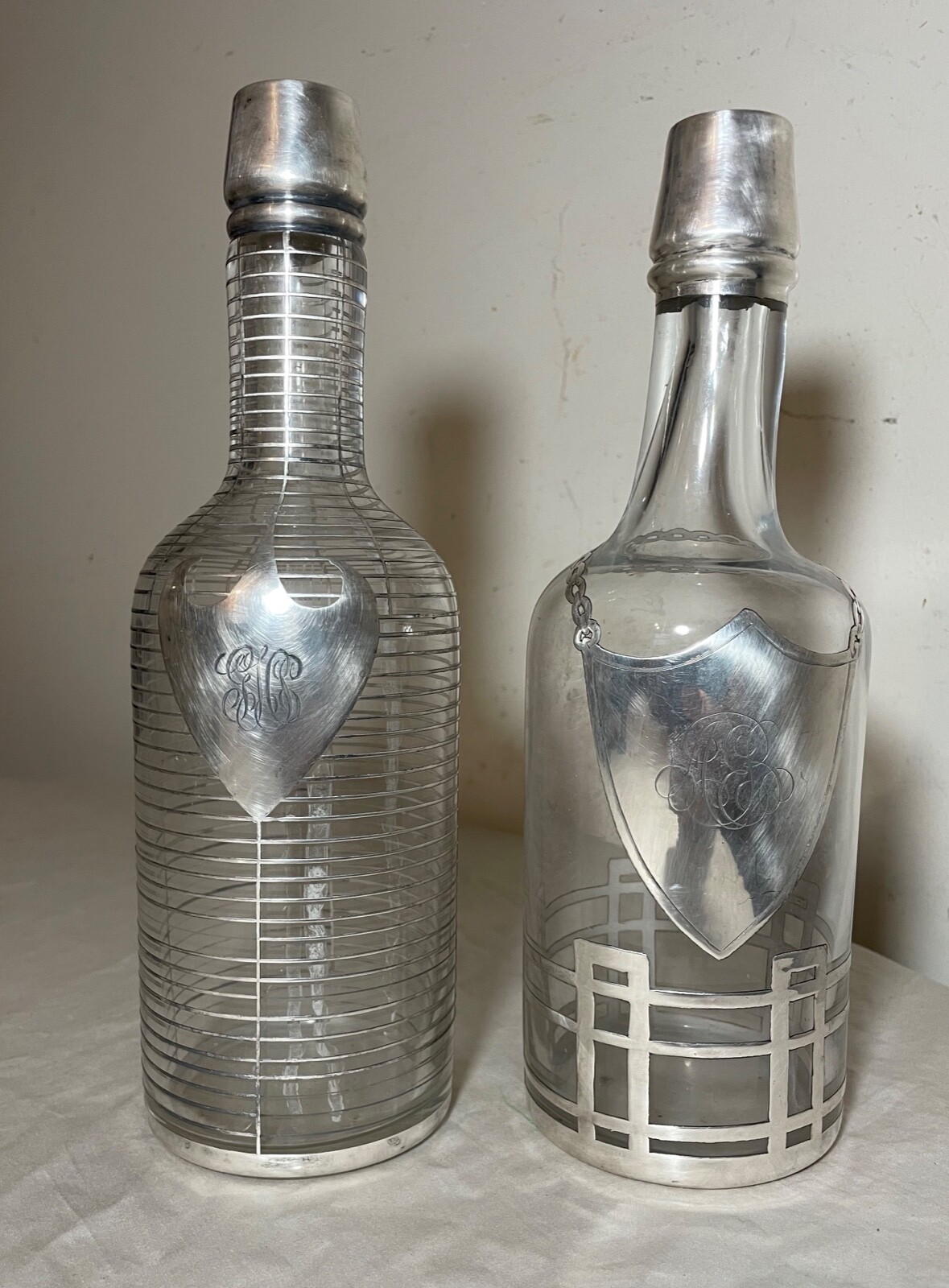 pair antique ornate sterling silver overlay glass liquor claret decanter bottle