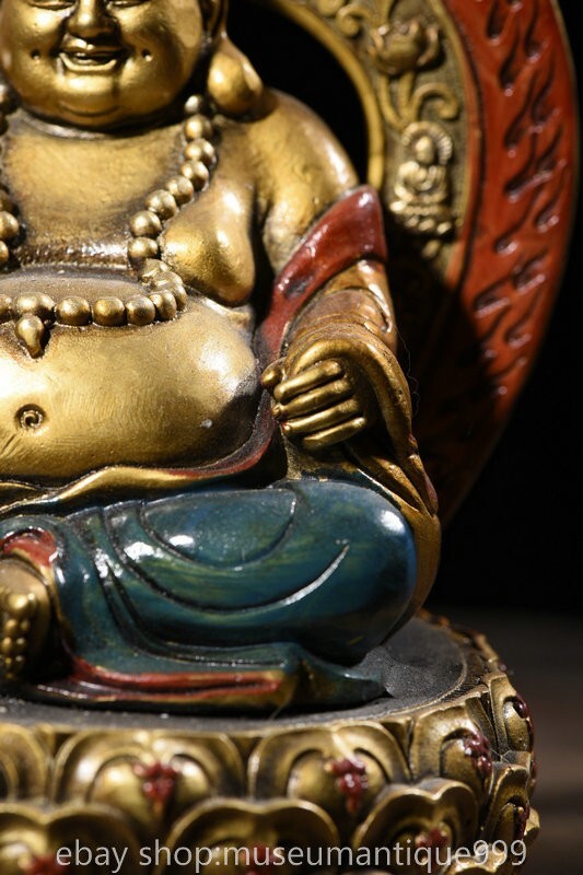 11.6" Old Chinese Bronze Buddhism Happy Laugh Maitreya Buddha Statue Painting