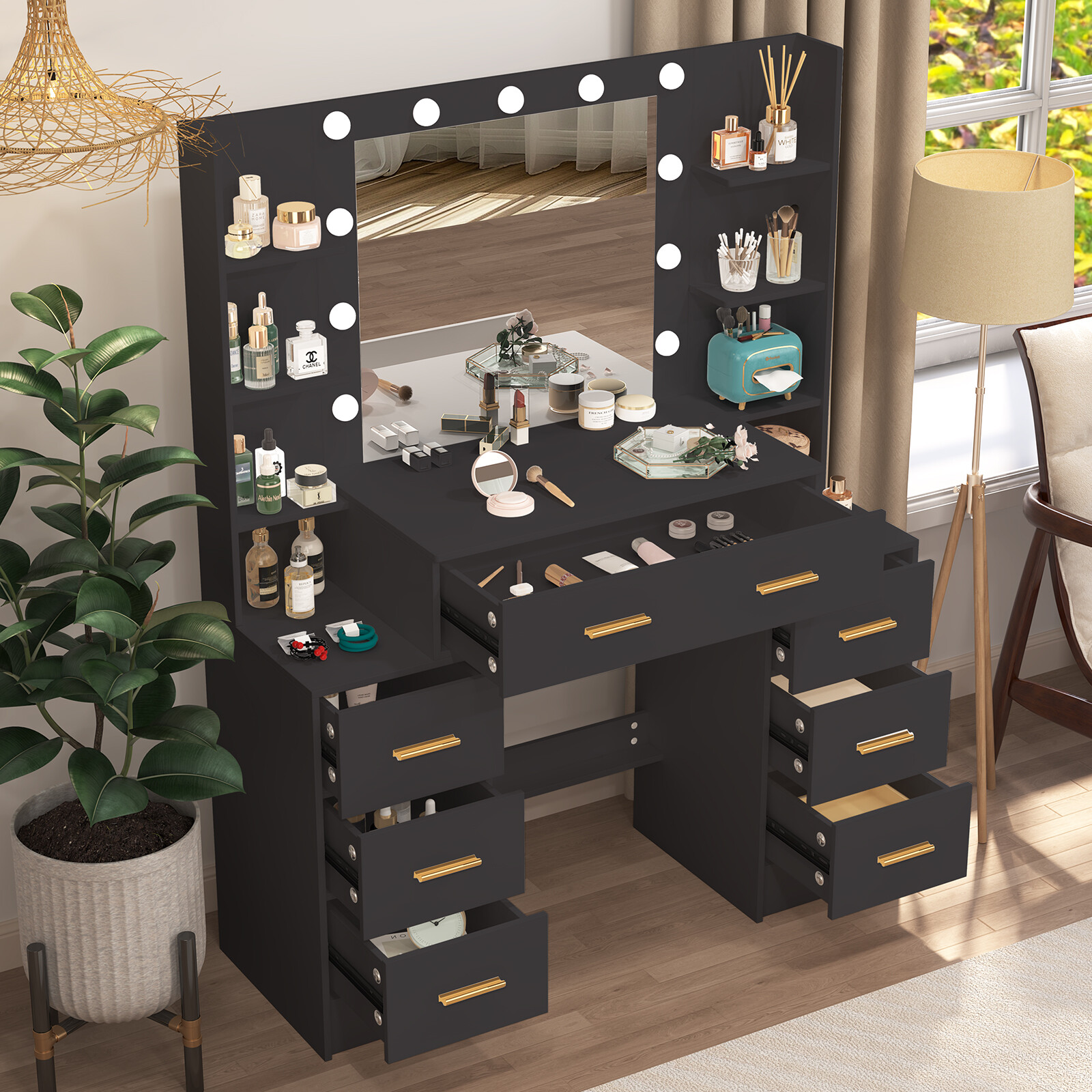 Vanity with Large Mirror and LED Lights Makeup Vanity Desk with 7 Drawers,Black
