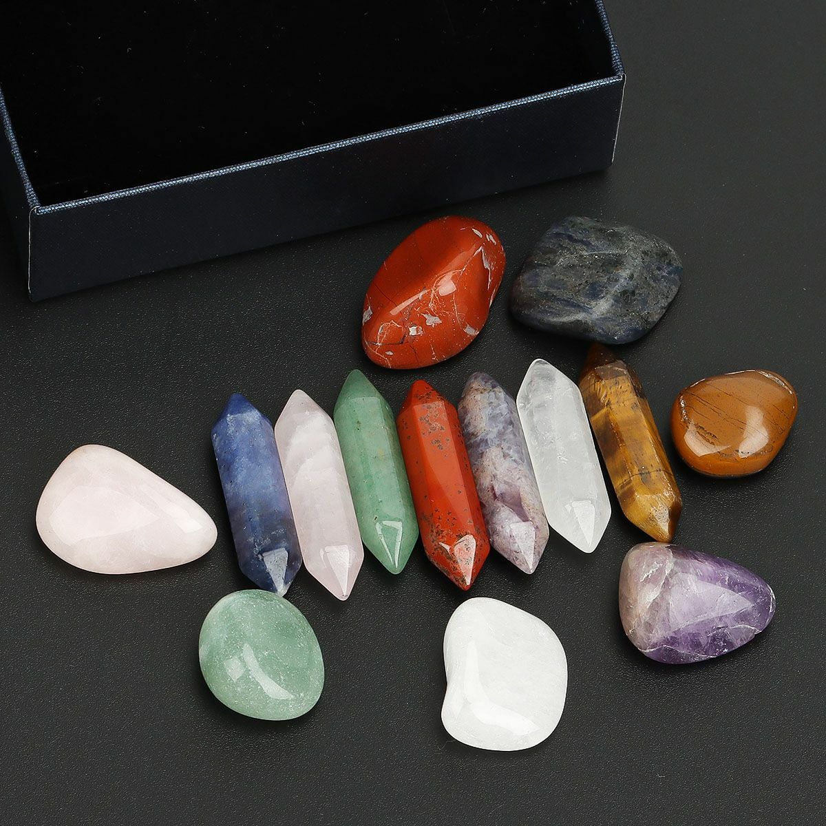 Set of 14 Healing Crystal Natural Gemstone Reiki Chakra Collection Stones w/ Box