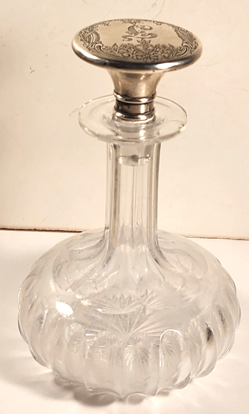 CUT GLASS DECANTER / BOTTLE with GORHAM STERLING SILVER STOPPER