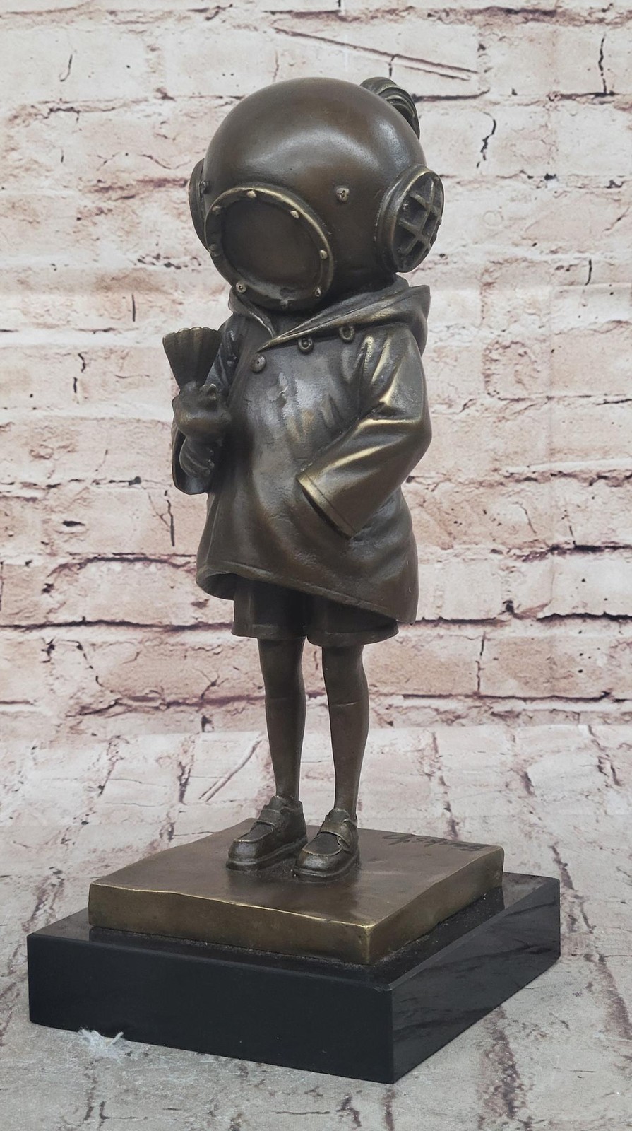 Space Girl and Bird after Banksy - Bronze Sculpture Statue on Marble Base