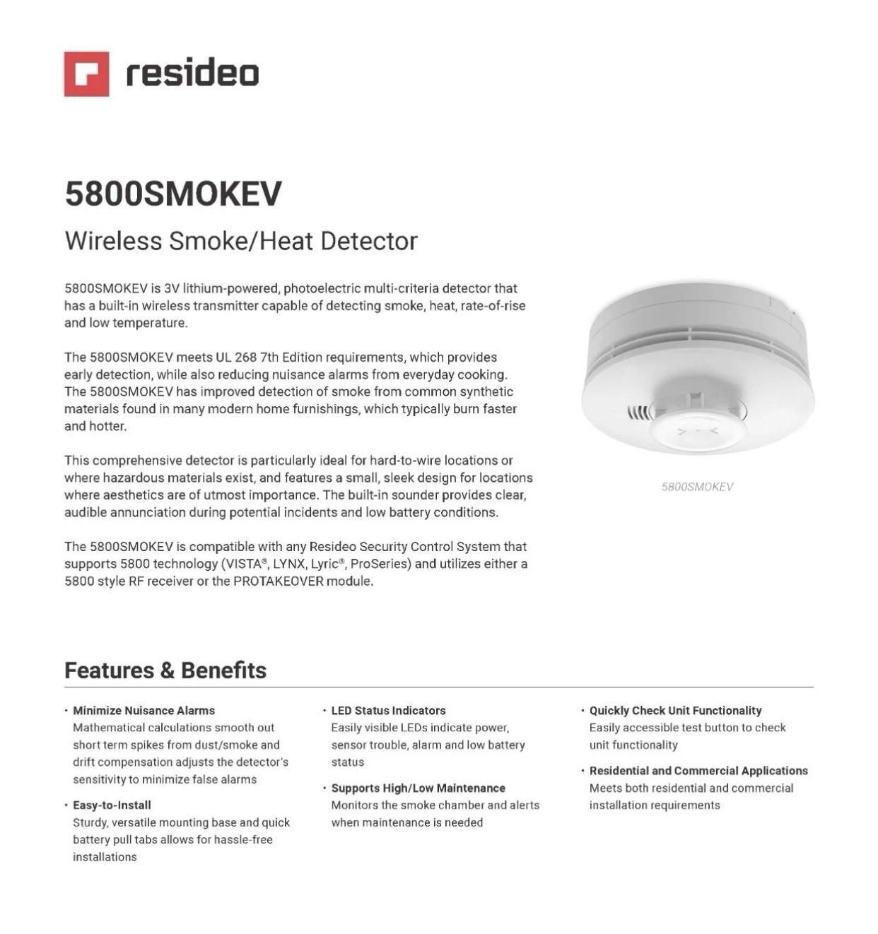 Brand New Honeywell Resideo 5800SMOKEV, Wireless Smoke Heat Detector