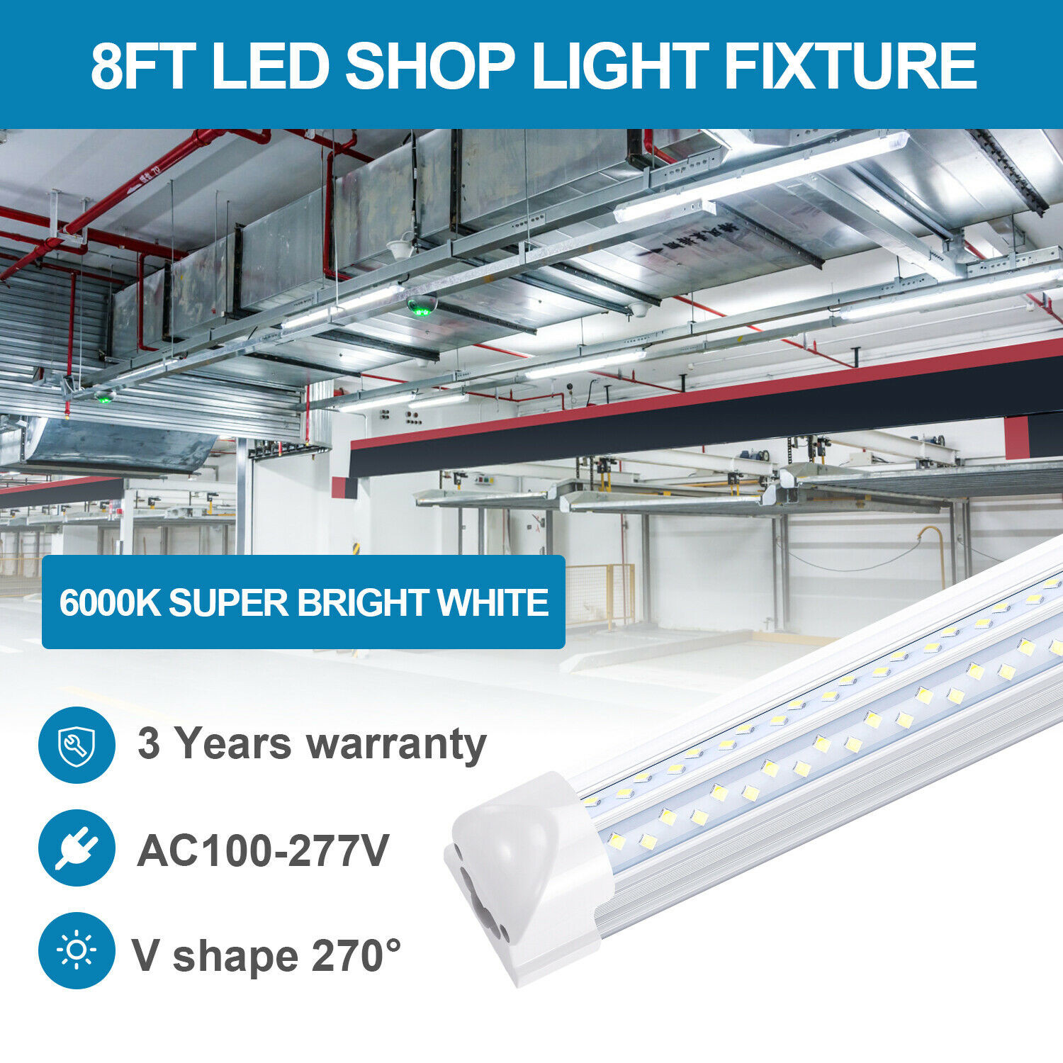 6Pack 8FT 120W LED Tube Light T8 LED Shop Light Fixtures 6000K Garage Bulb Light