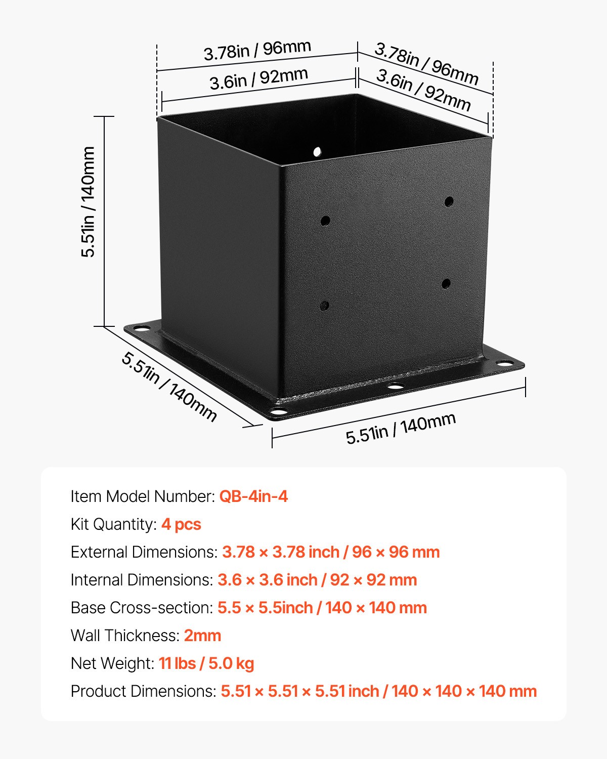 VEVOR 4 Pack 4x4 Post Base Brackets Wood Fence Post Anchor Inner Size 3.6x3.6 in