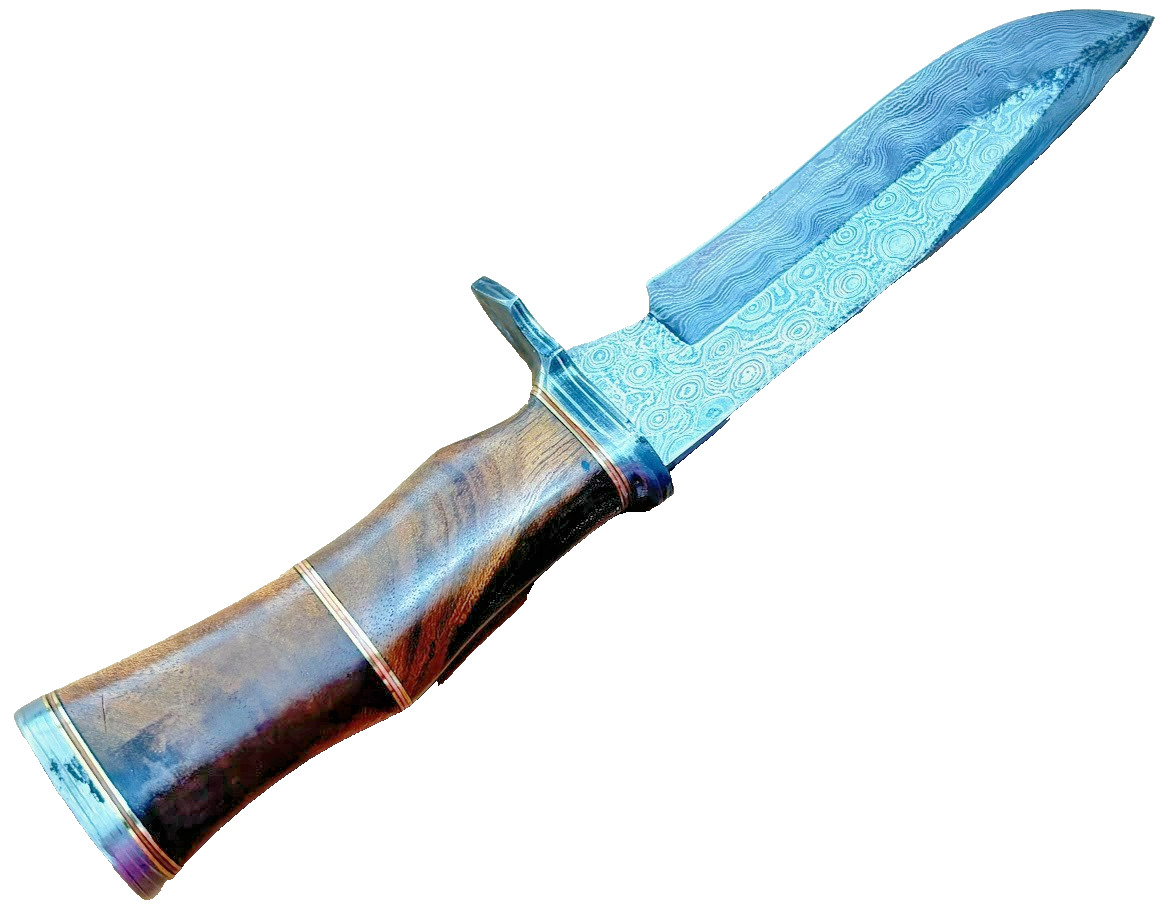 Damascus Blade 11" Bowie Knife with Leather Sheath Wood Handle Knives